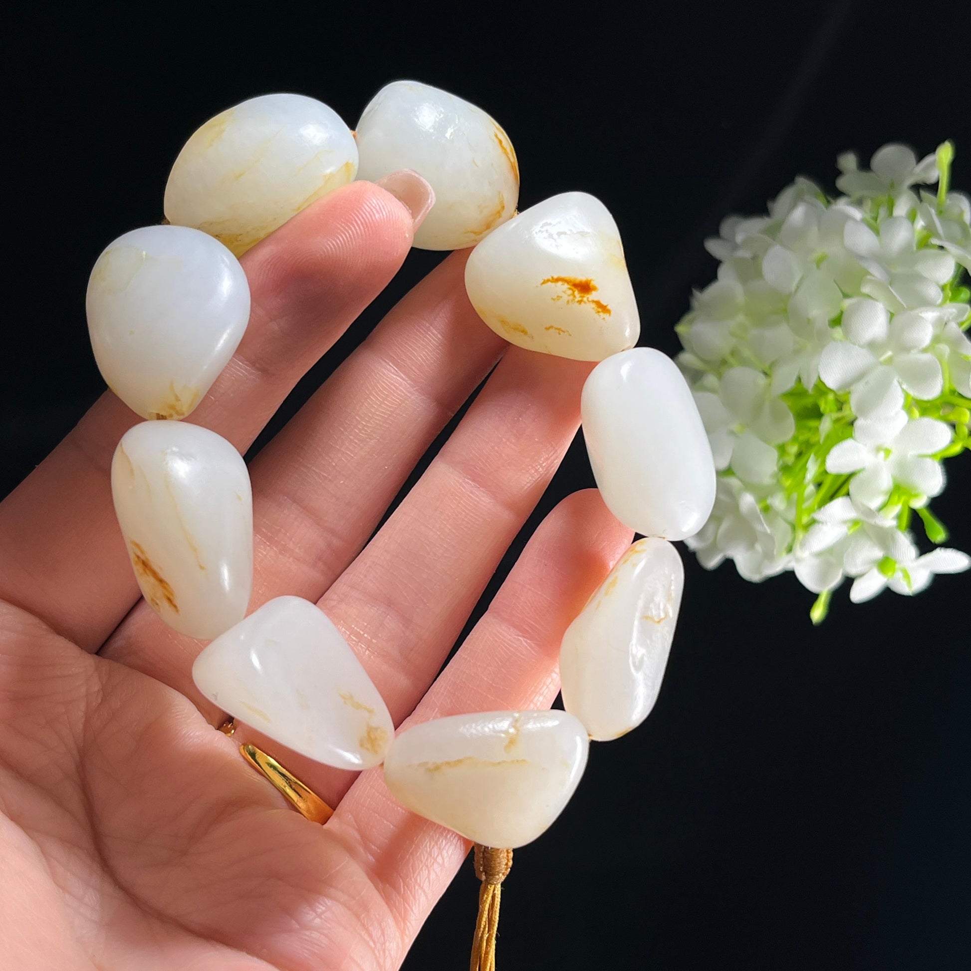 和田玉白玉“秋澜串玉”洒金皮红皮原籽手串（yc356770）