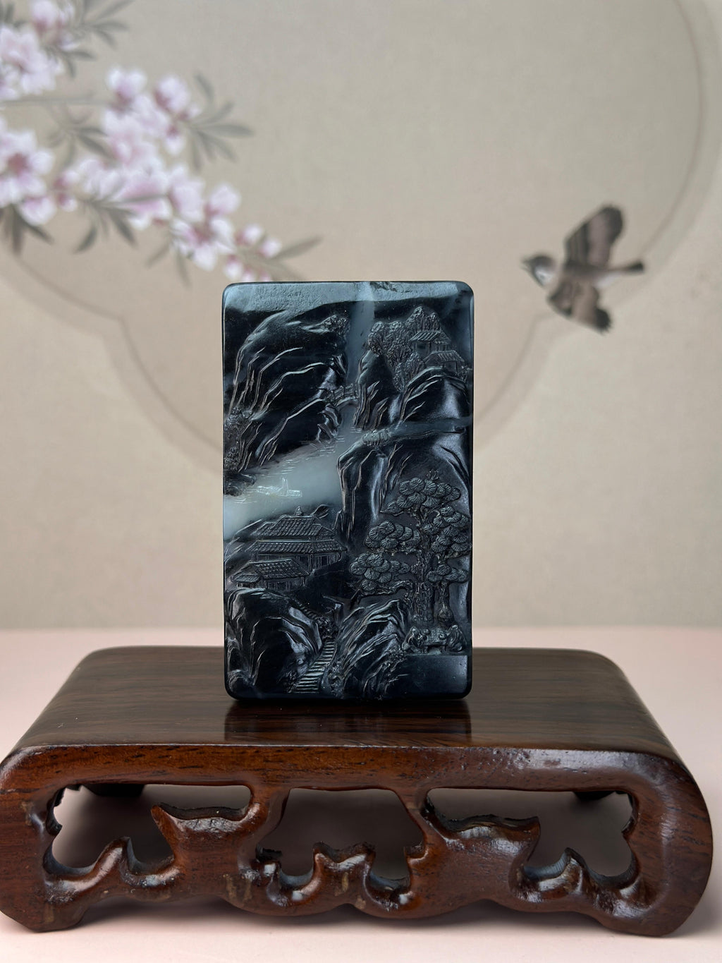 臻品新疆和田玉青花籽料双面雕山水牌（yc765108）