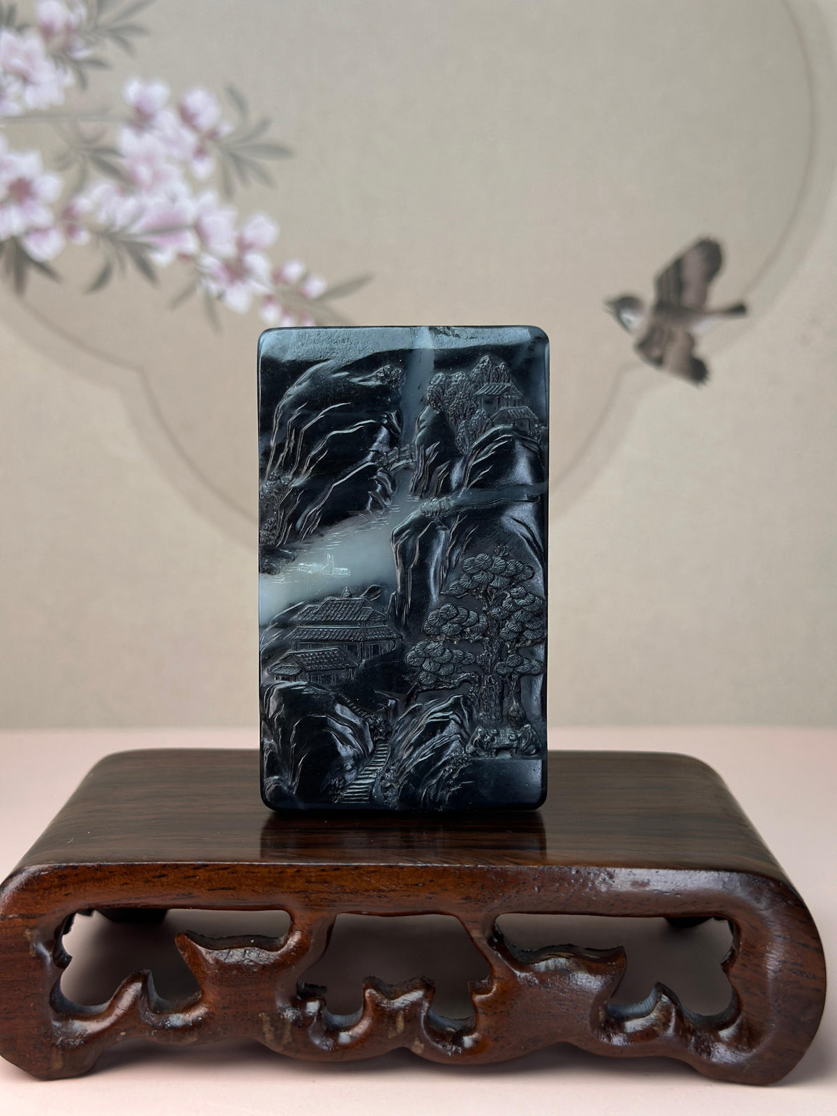 臻品新疆和田玉青花籽料双面雕山水牌（yc765108）