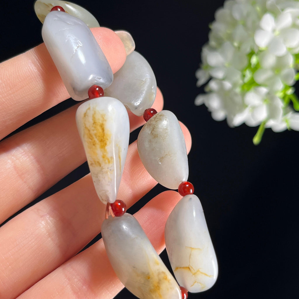 和田玉白玉青白玉洒金皮青花原籽手串（7颗）（yc399601）