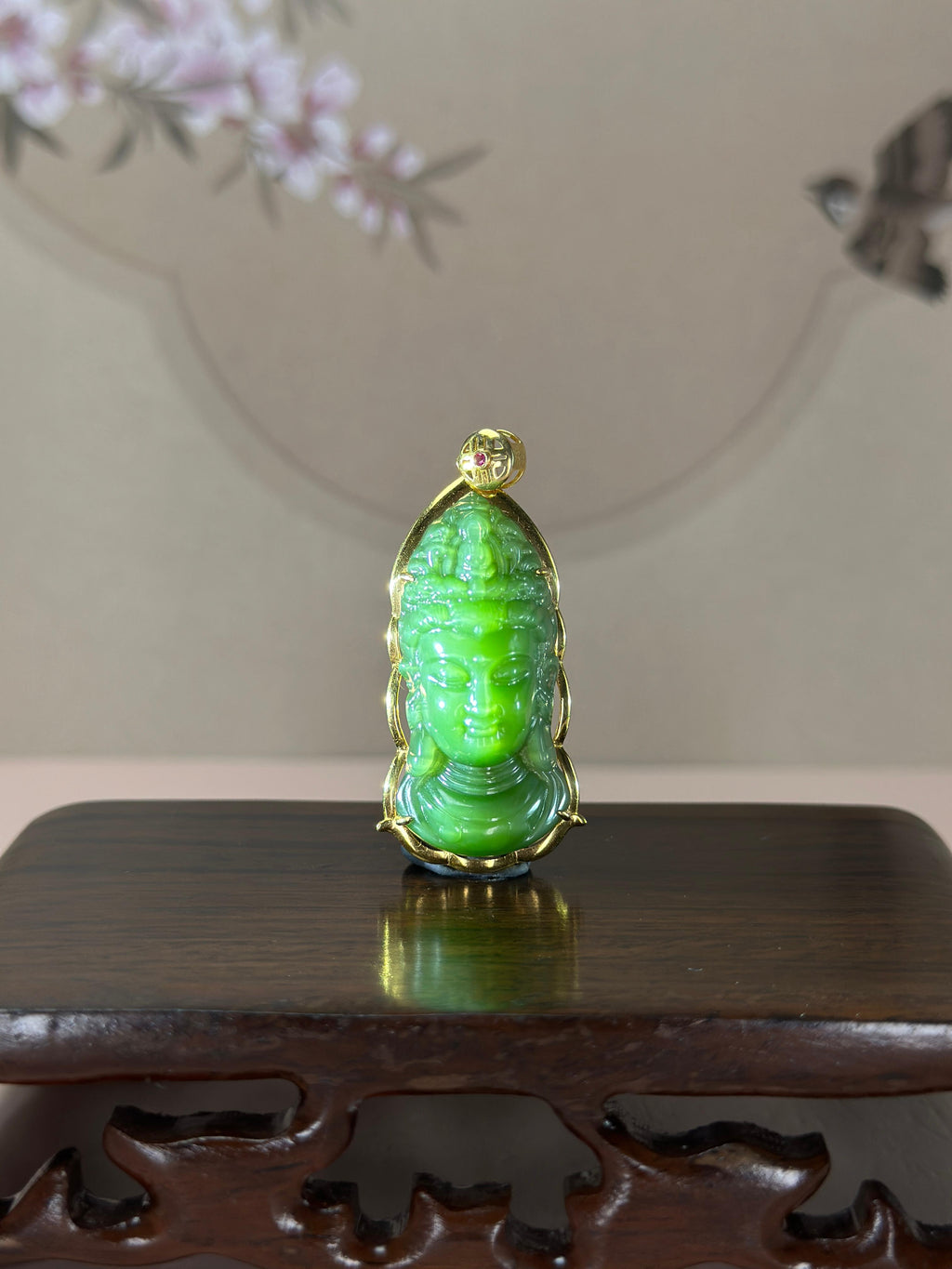 精品18K 金镶和田玉碧玉观音头吊坠（yc775677）