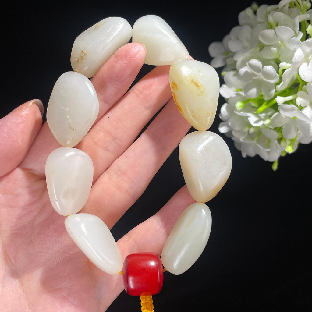 新疆和田玉白玉洒金皮原籽手串（8颗）（yc488945）