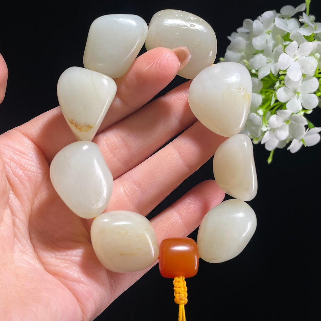 和田玉白玉青白玉淡洒金皮原籽手串（yc381845）