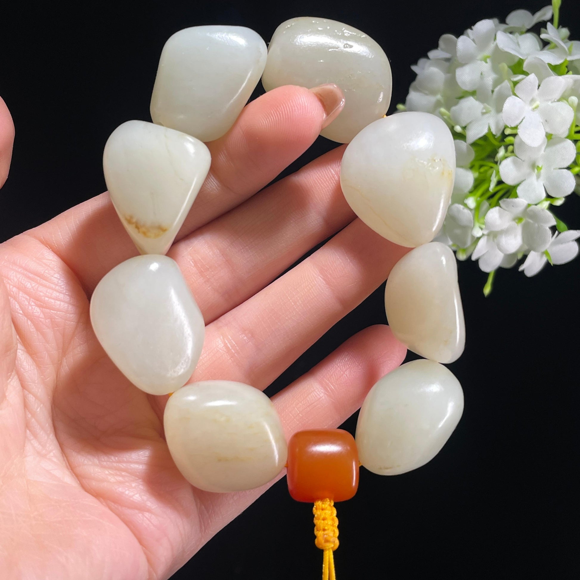 和田玉白玉青白玉淡洒金皮原籽手串（yc381845）