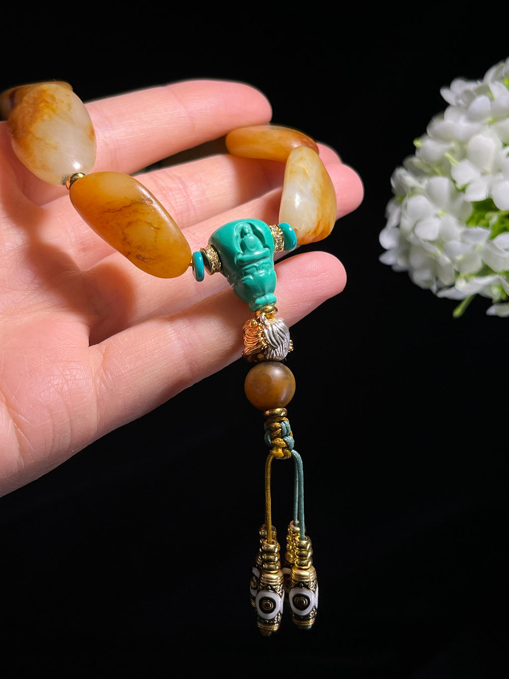 新疆天然和田玉籽料原石金包银手串1（yc262609）