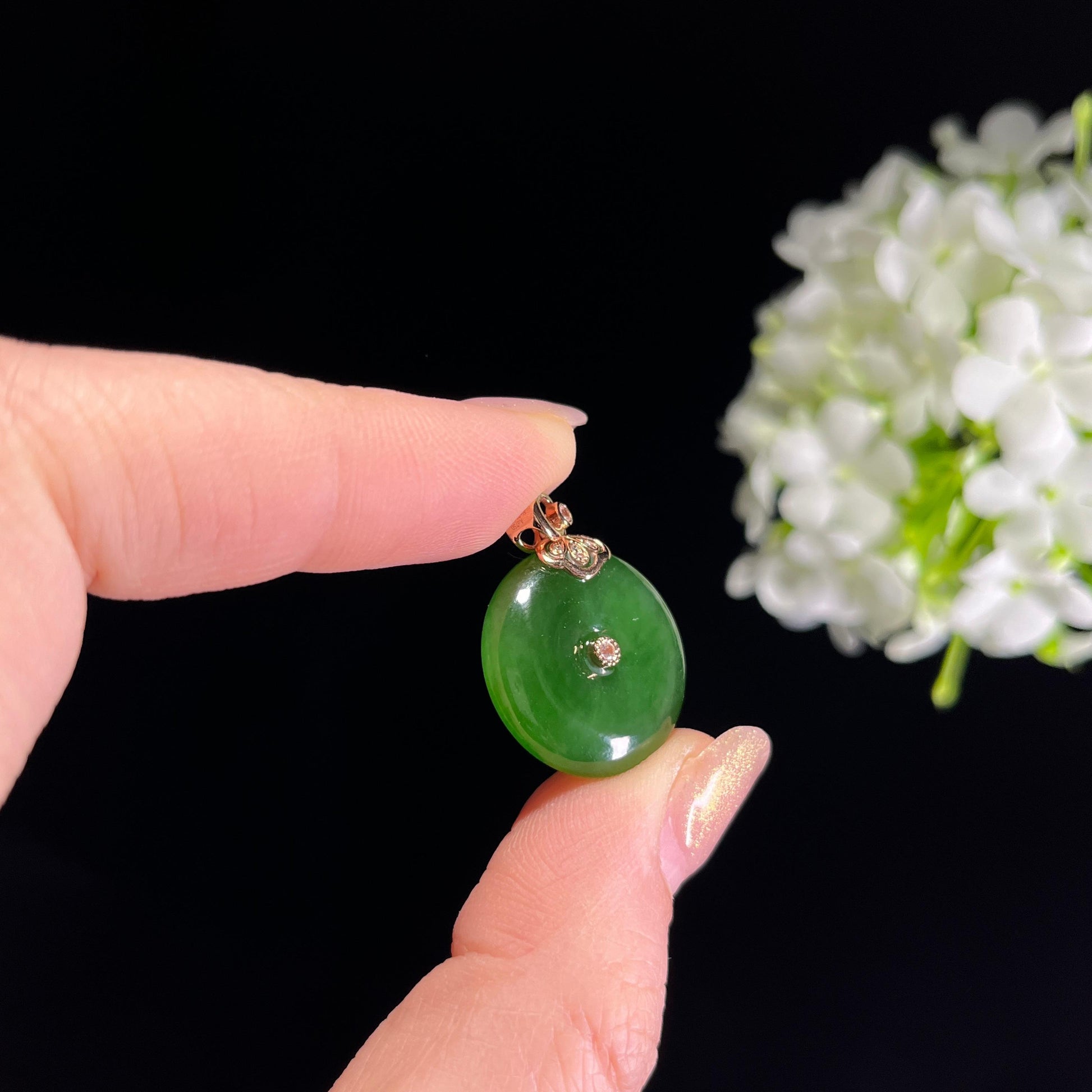 新疆天然和田玉18K金镶碧玉平安扣（yc351471）