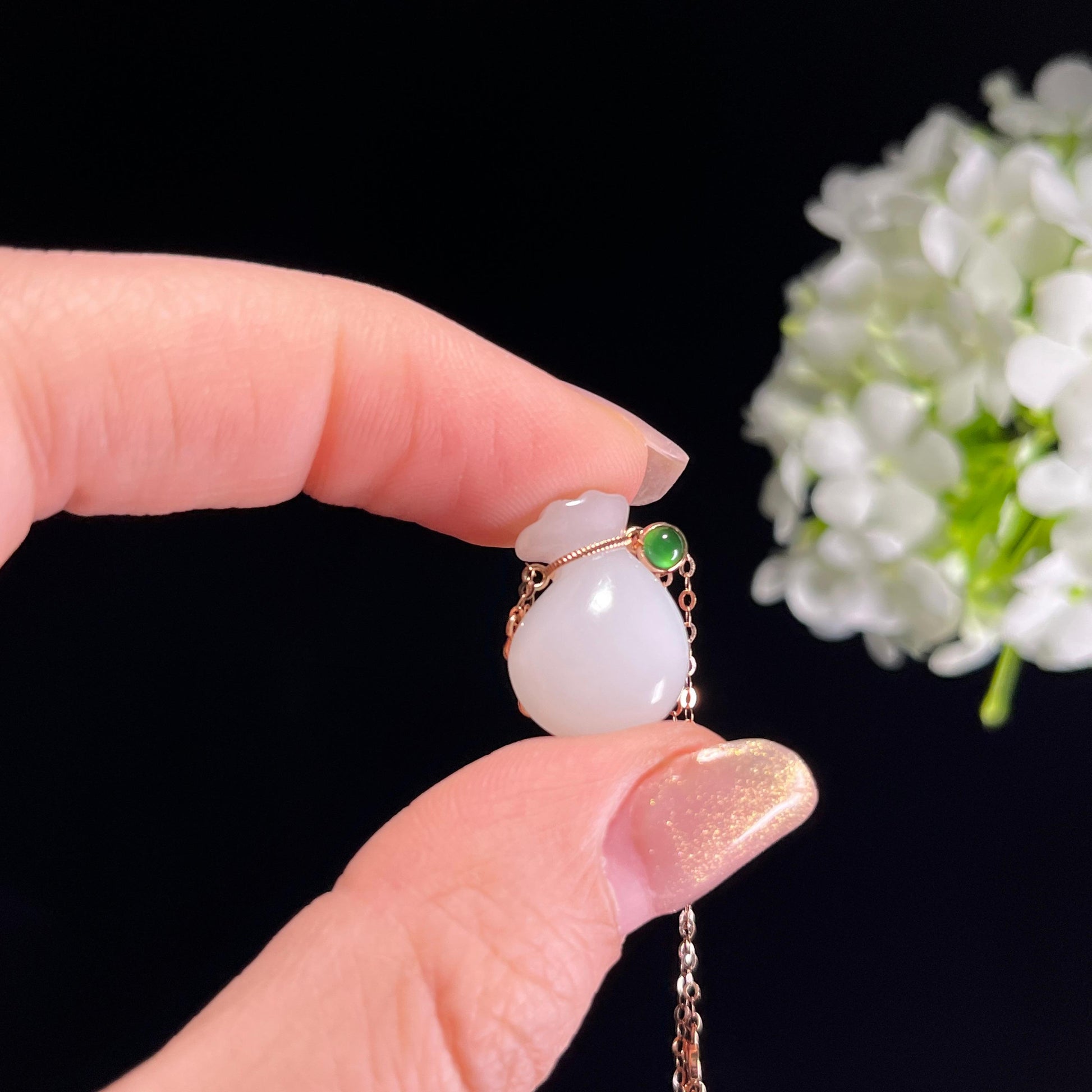 新疆天然和田玉羊脂白玉18K金镶玉福袋（yc351499）