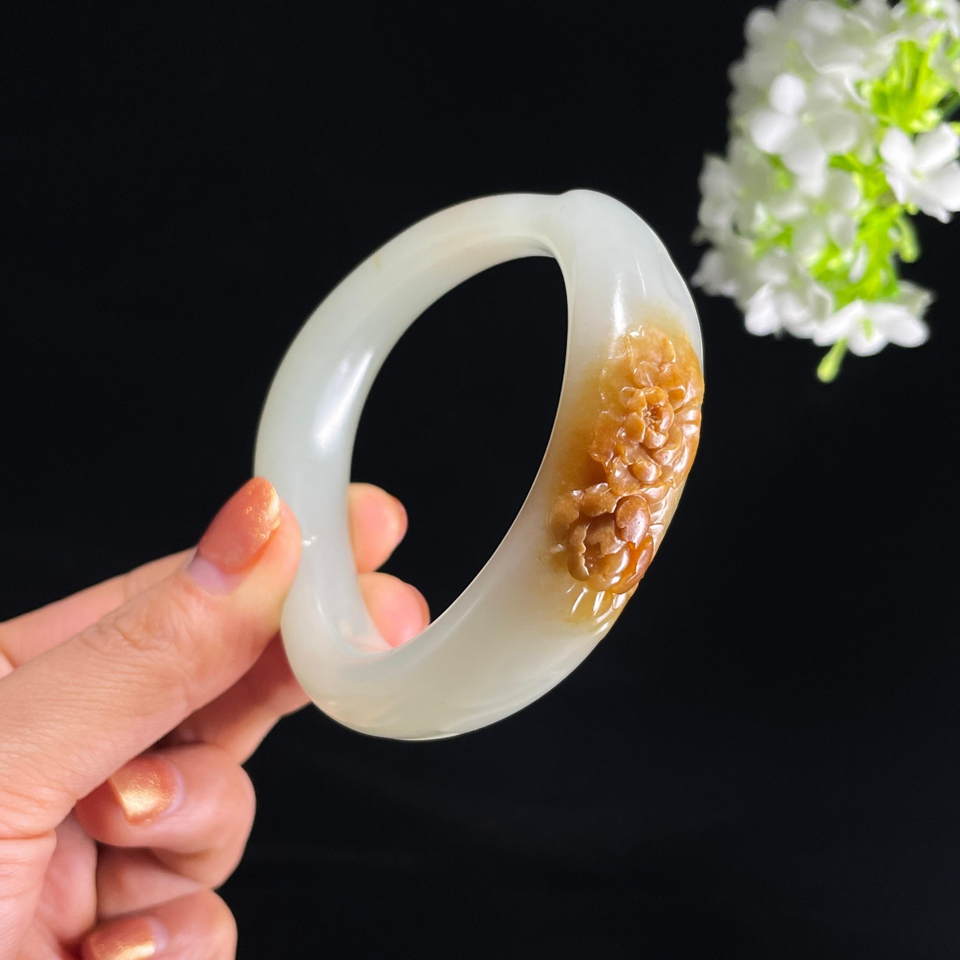新疆天然和田玉黄沁洒金皮籽料手镯（yc402607）