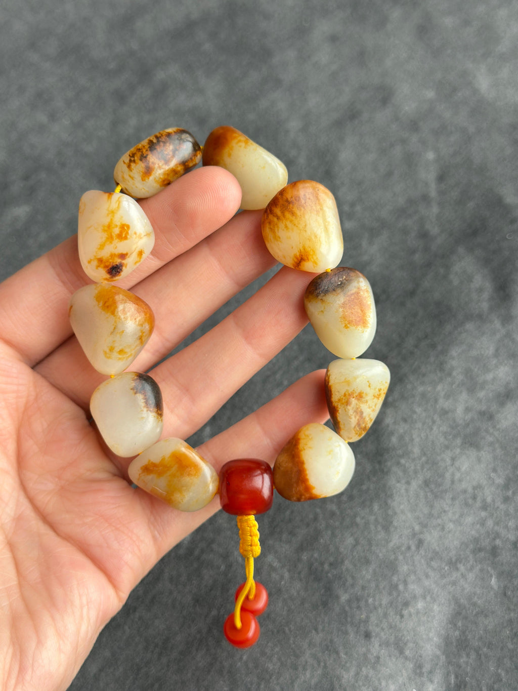 收藏级新疆和田玉籽料聚红皮原籽手串（10颗）（yc783219）