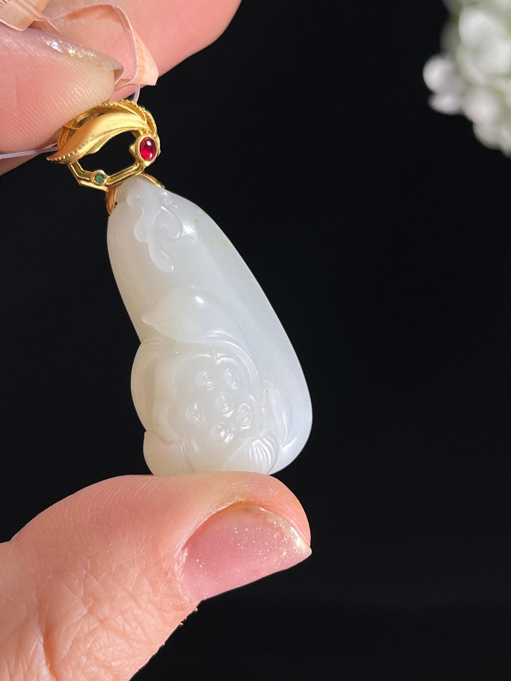 新疆天然和田玉白玉籽料18k金镶荷花吊坠（yc268238）