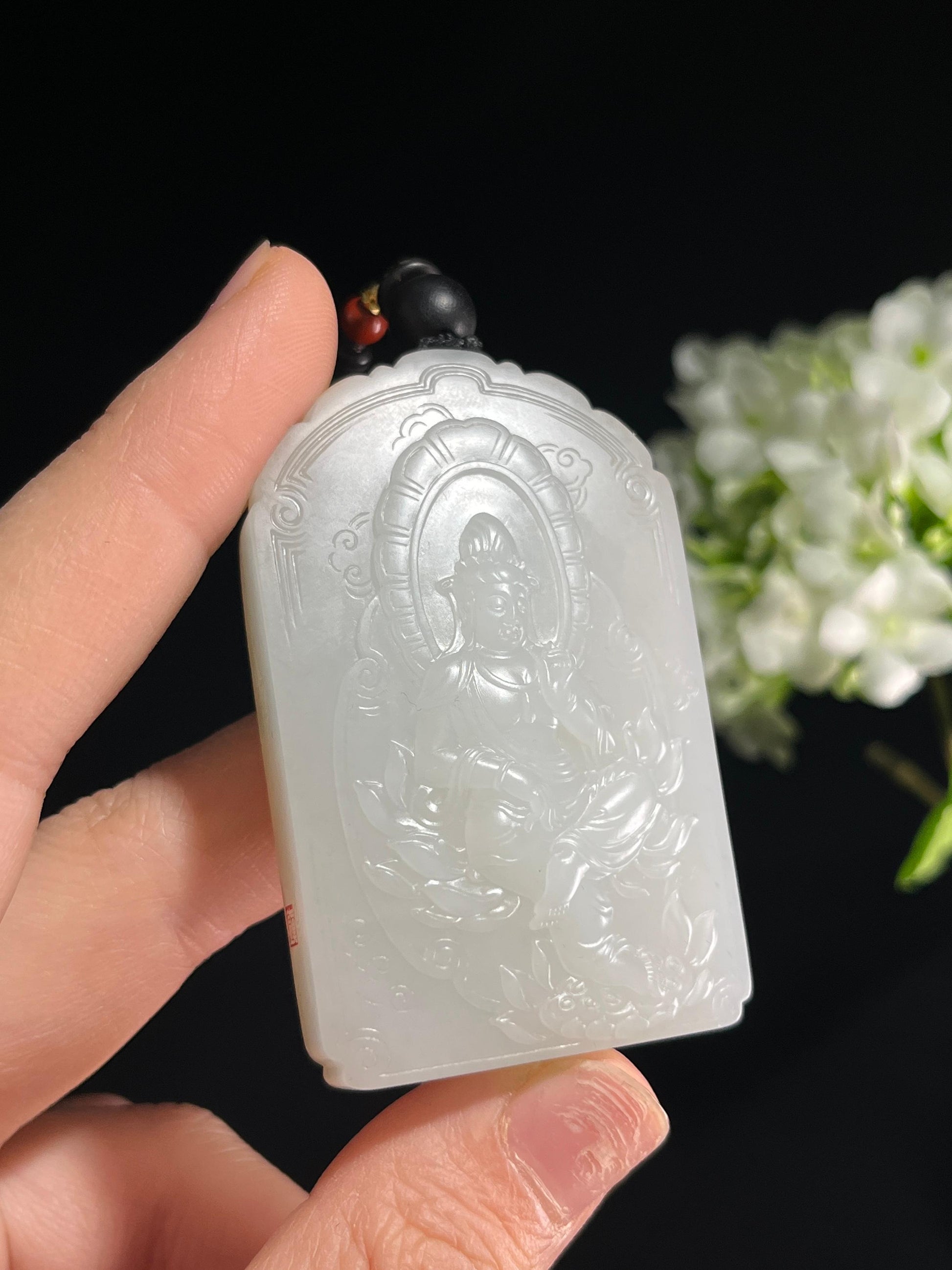 新疆和田玉白玉籽料洒金皮“玉莲祥护”观音无事牌（yc252120）