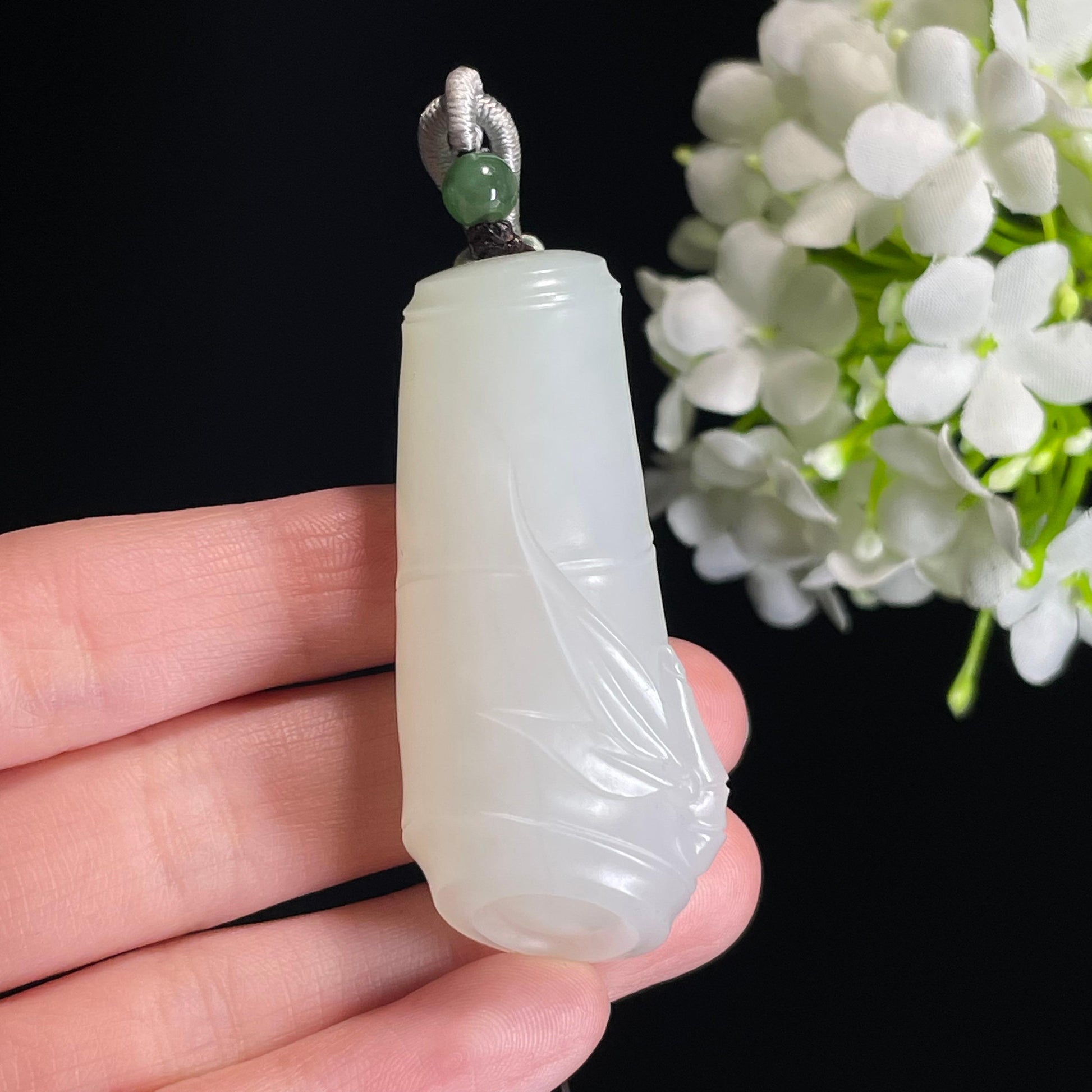 和田玉羊脂白玉“月中湘竹”竹节雕刻挂件（yc315061）