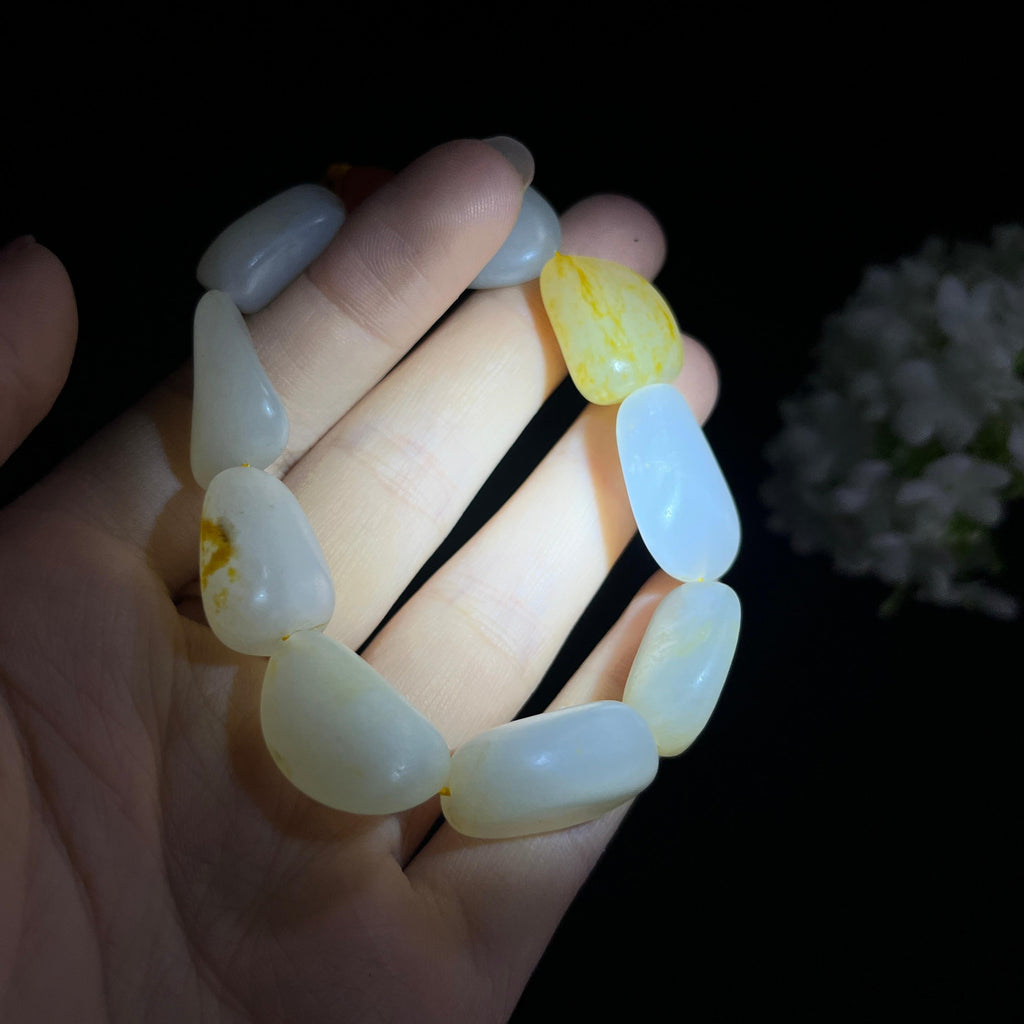 和田玉白玉洒金皮“聚福纳财”籽料原石手串（yc282627）