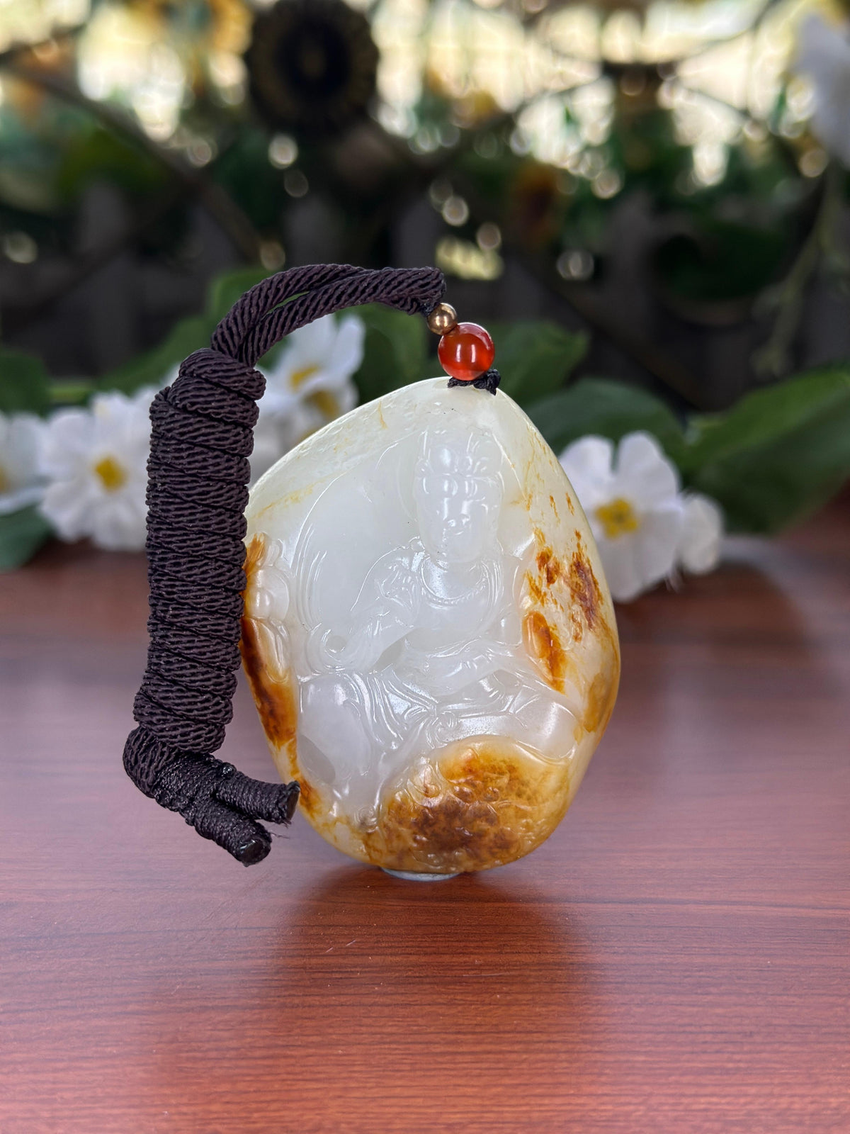 新疆和田玉珍品红皮白肉籽料观音挂件（yc709514）