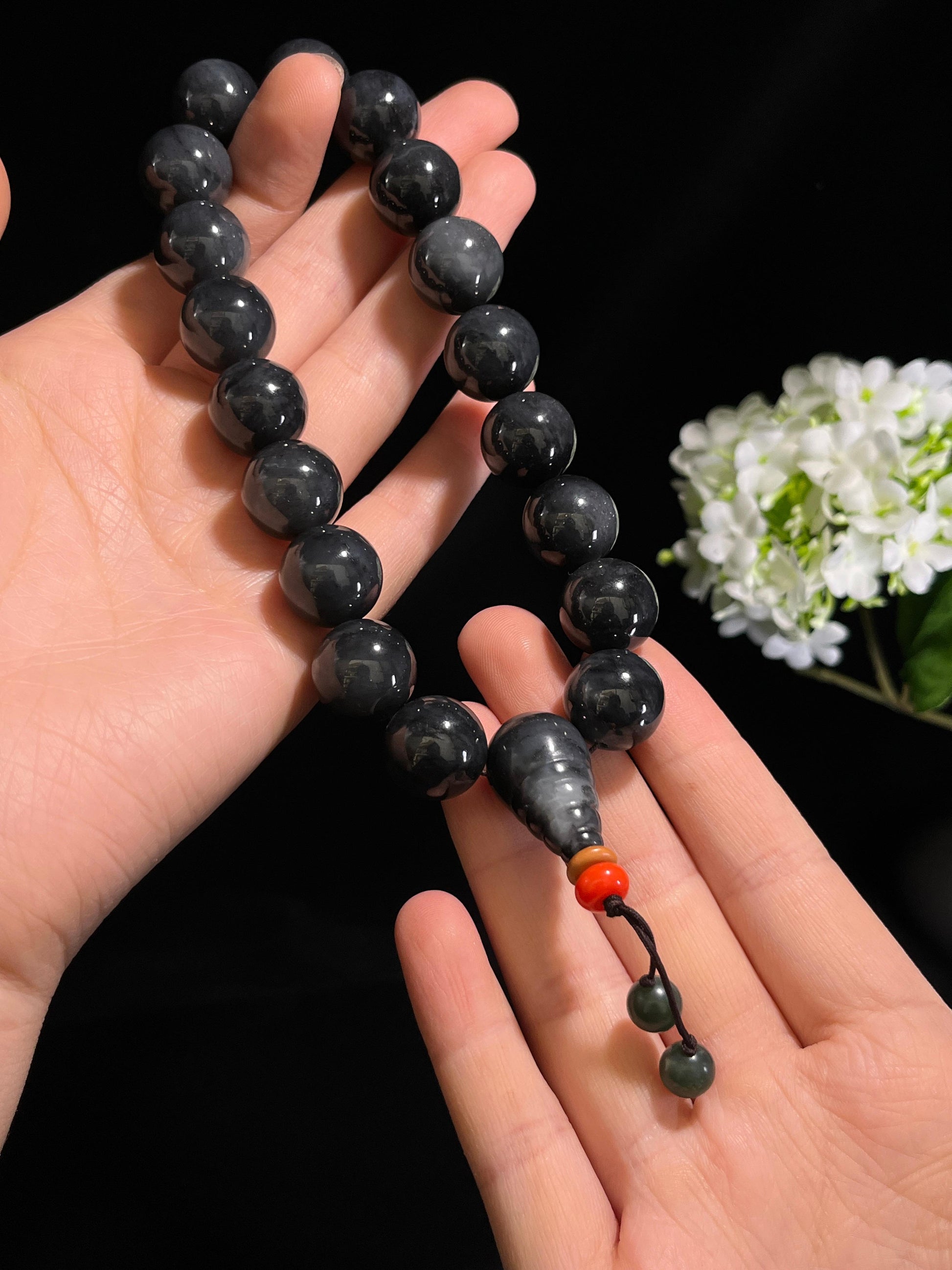 和田玉青花圆形珠手串（卡16）（yc254948）