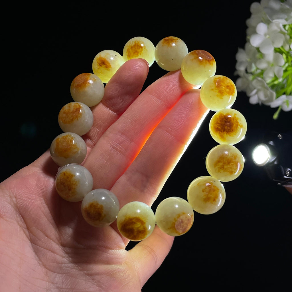 新疆天然和田玉青白玉洒金皮籽料手串（yc402681）
