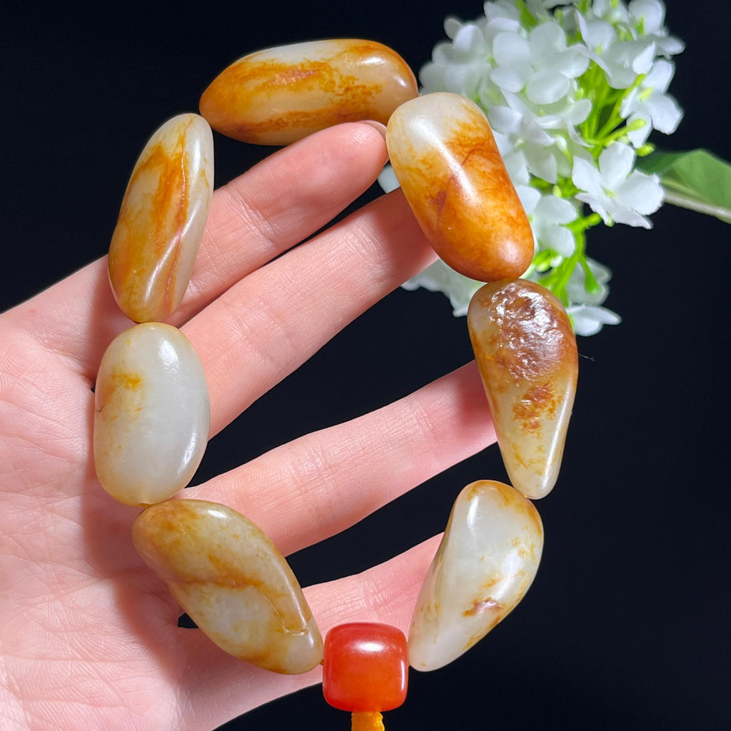 和田玉白玉洒金皮聚红皮枣红皮籽料原籽手串（yc347375）