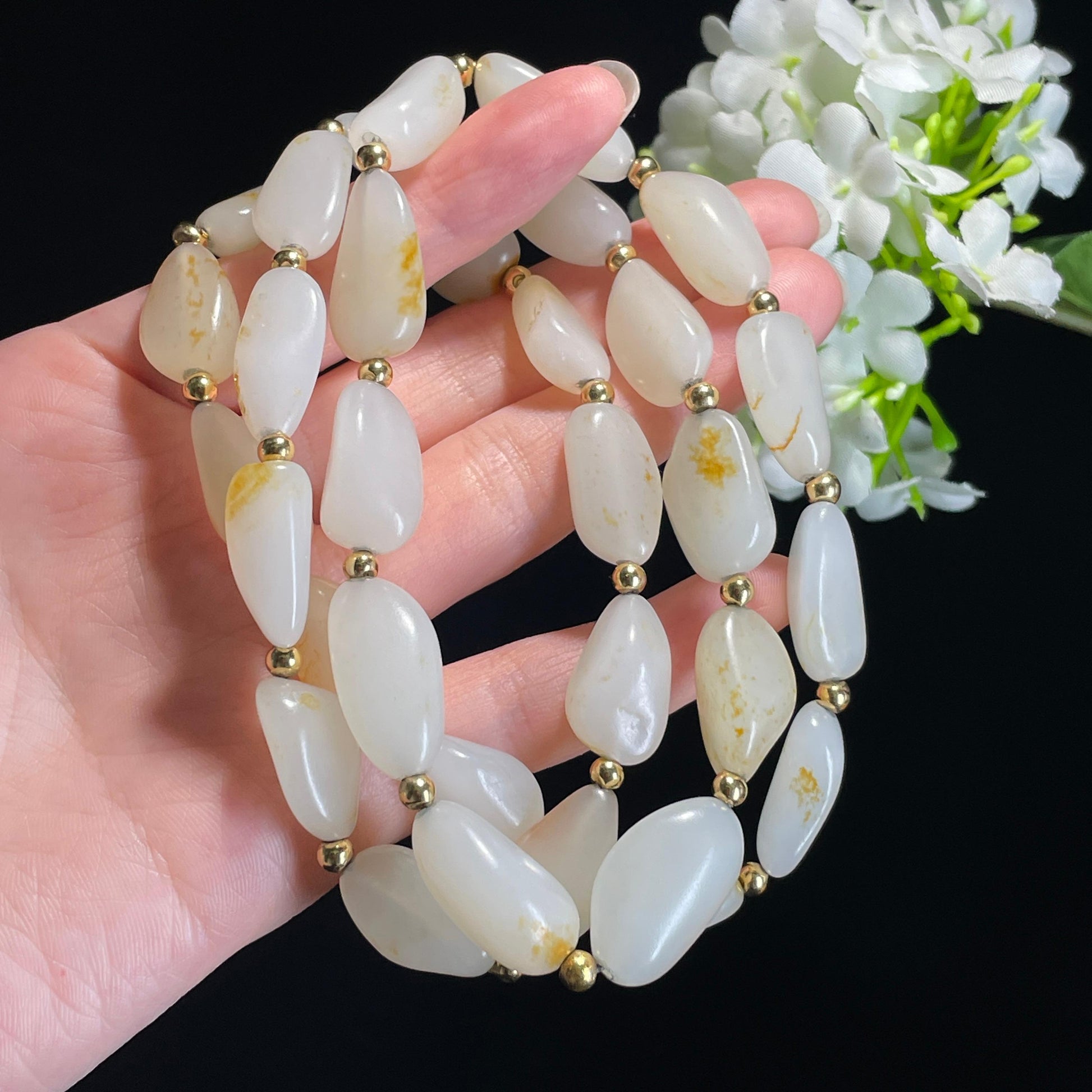 和田玉18k金配白玉带皮色籽料项链（yc337839）