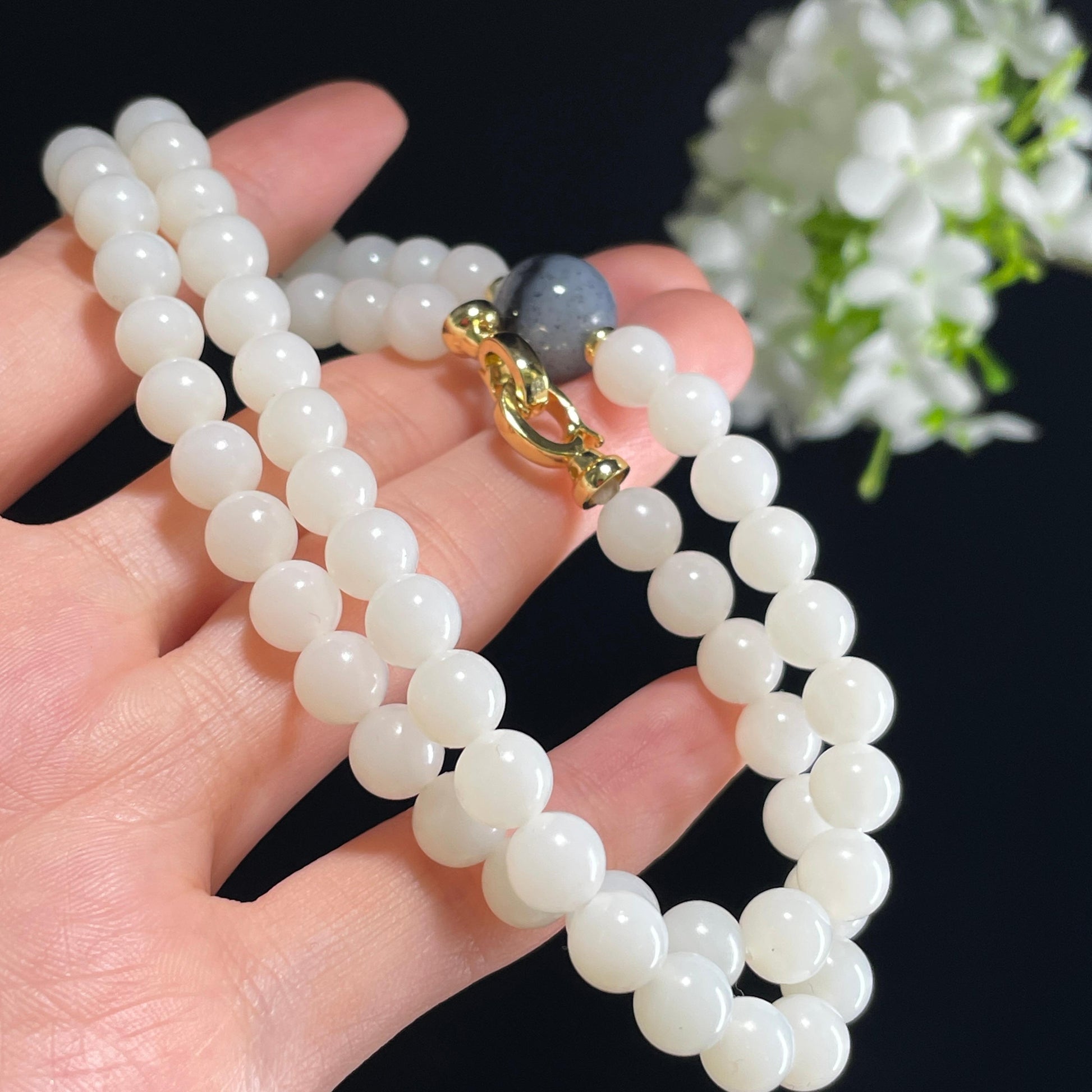 天然和田玉白玉搭青花点墨单珠项链（yc360461）