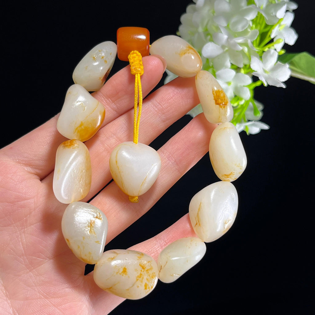和田玉白玉洒金皮红皮籽料原籽手串（yc347513）