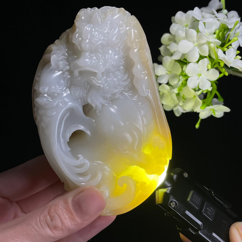 A新疆天然和田玉“双龙护主”且末糖白料手把件（yc309495）