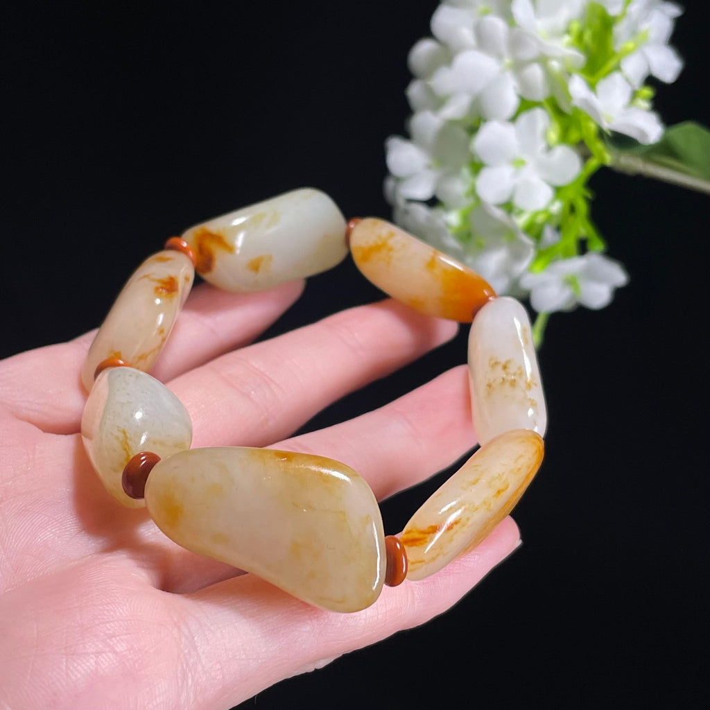 和田玉白玉青白玉洒金聚黄皮“金运随行”籽料原石手串（yc310224）