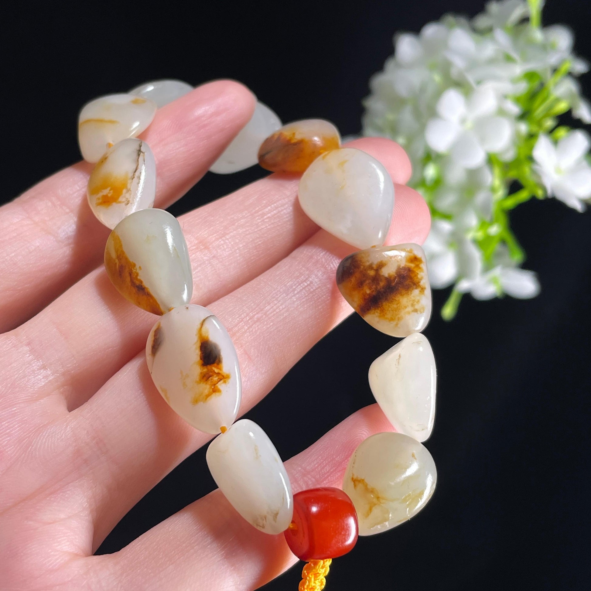 新疆天然和田玉白玉红皮原籽手串（12颗）（yc396003）