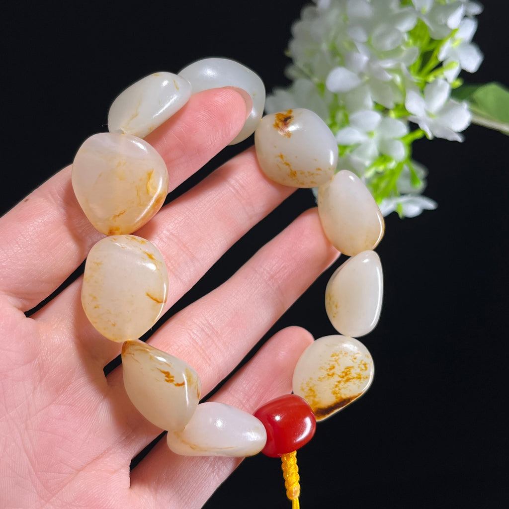 和田玉白玉洒金皮红皮籽料原籽手串（yc347507）