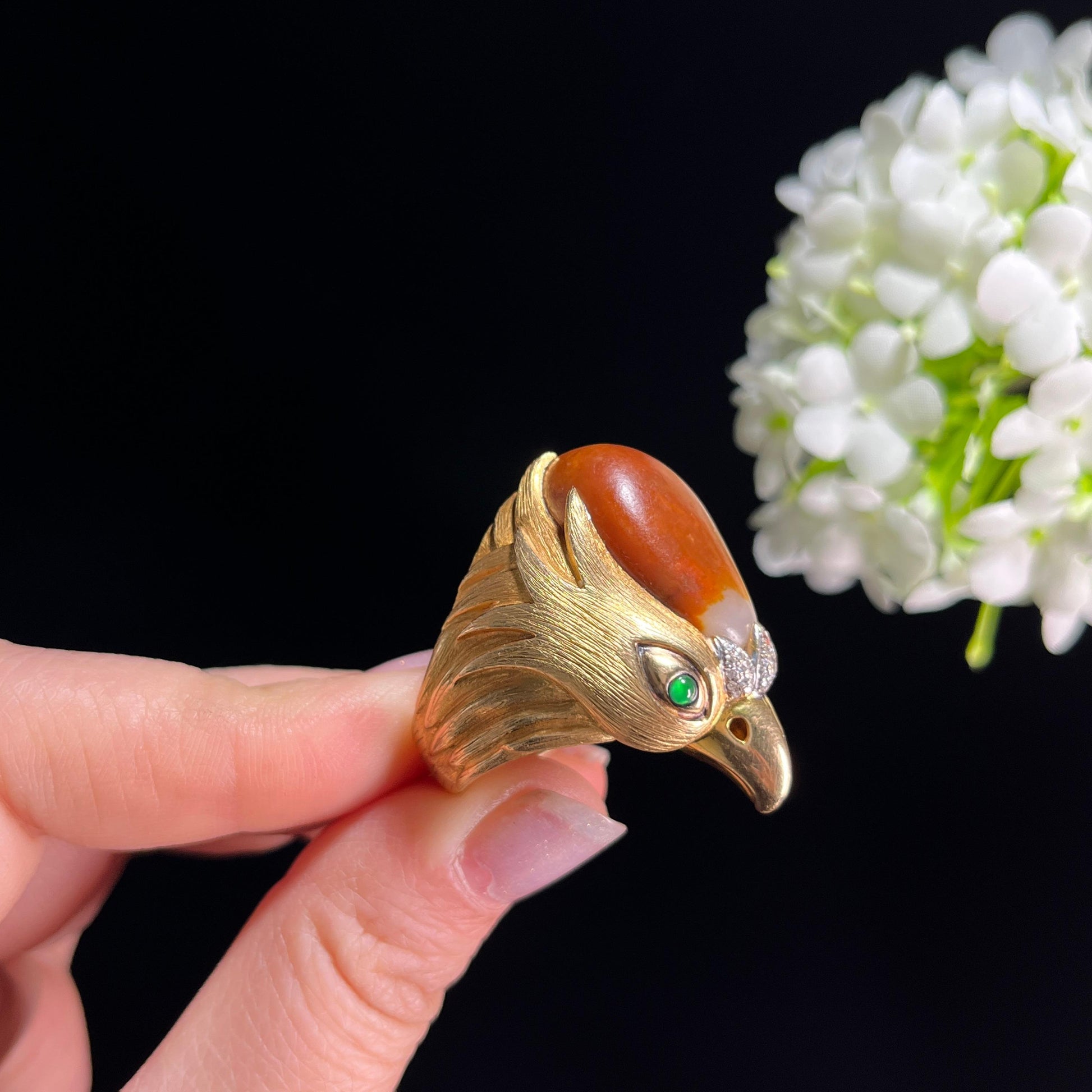 和田玉红沁“赤冠金翎”18K金镶籽料戒指（yc331332）