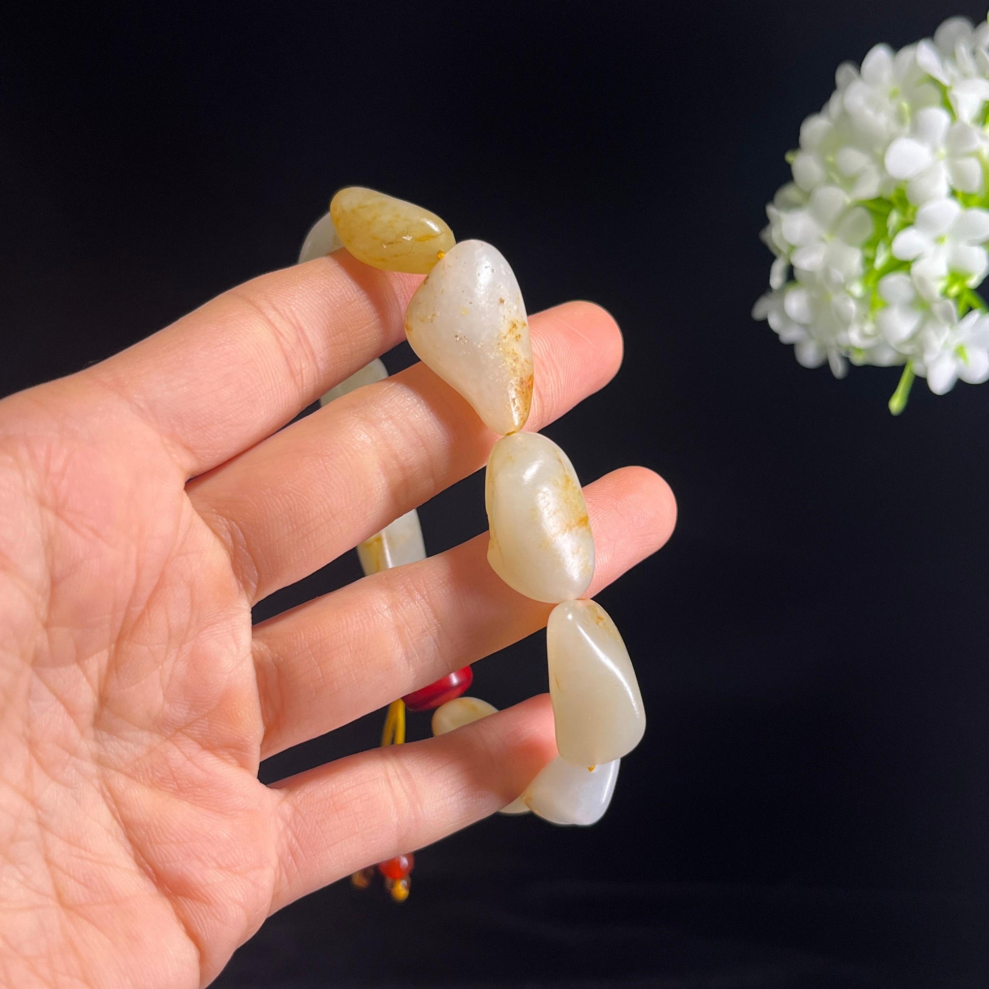 和田玉白玉洒金皮“金芒雪魄”籽料原籽手串（yc320518）