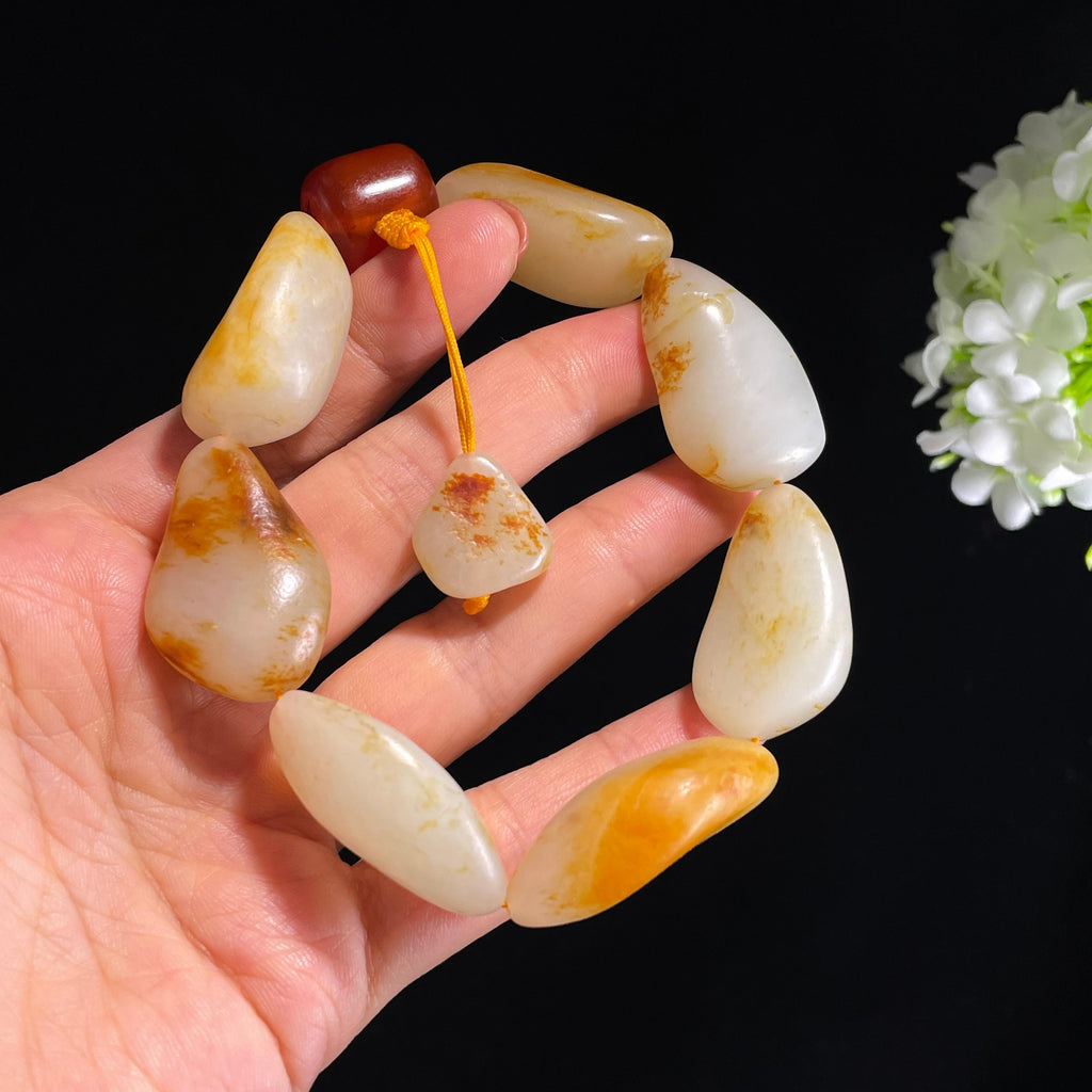 新疆和田玉白玉洒金皮红皮原籽手串（7颗）（yc430609）