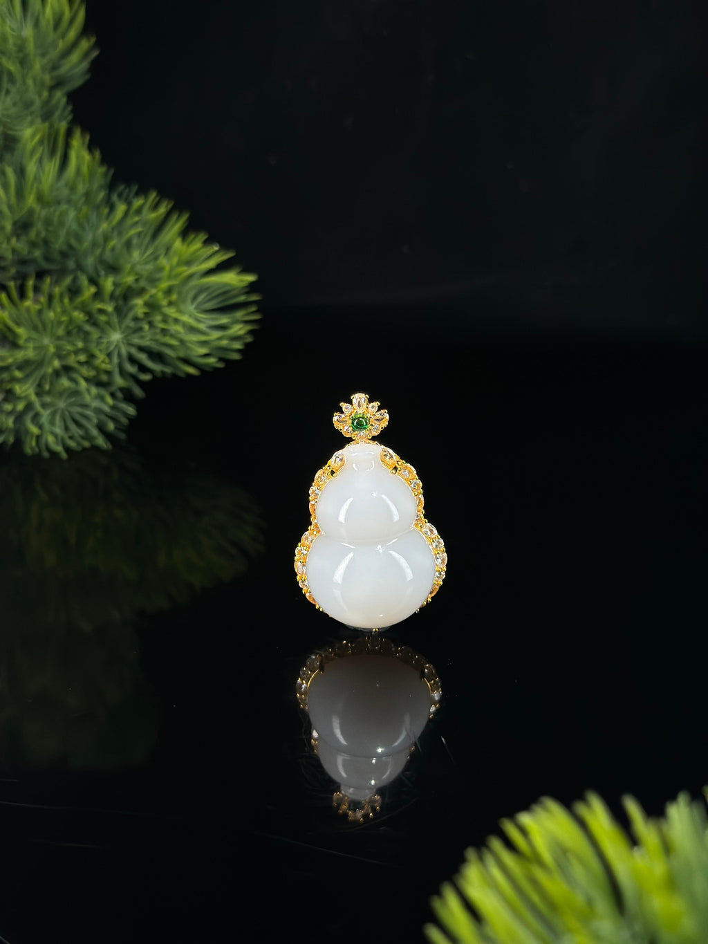 和田玉925银镀金白玉葫芦镶嵌吊坠（yc484423）