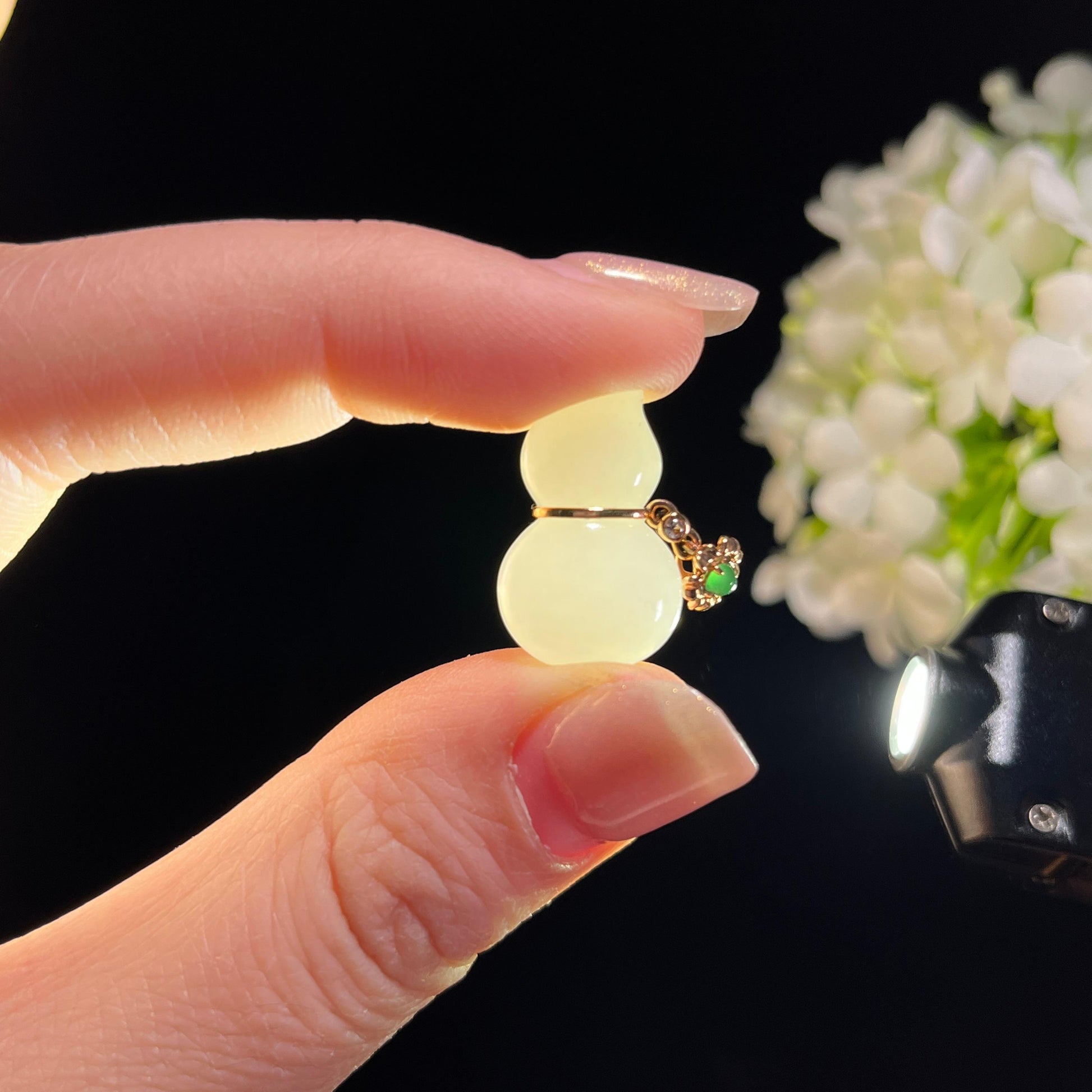 新疆天然和田玉羊脂白玉18K金镶玉葫芦挂件（yc351494）