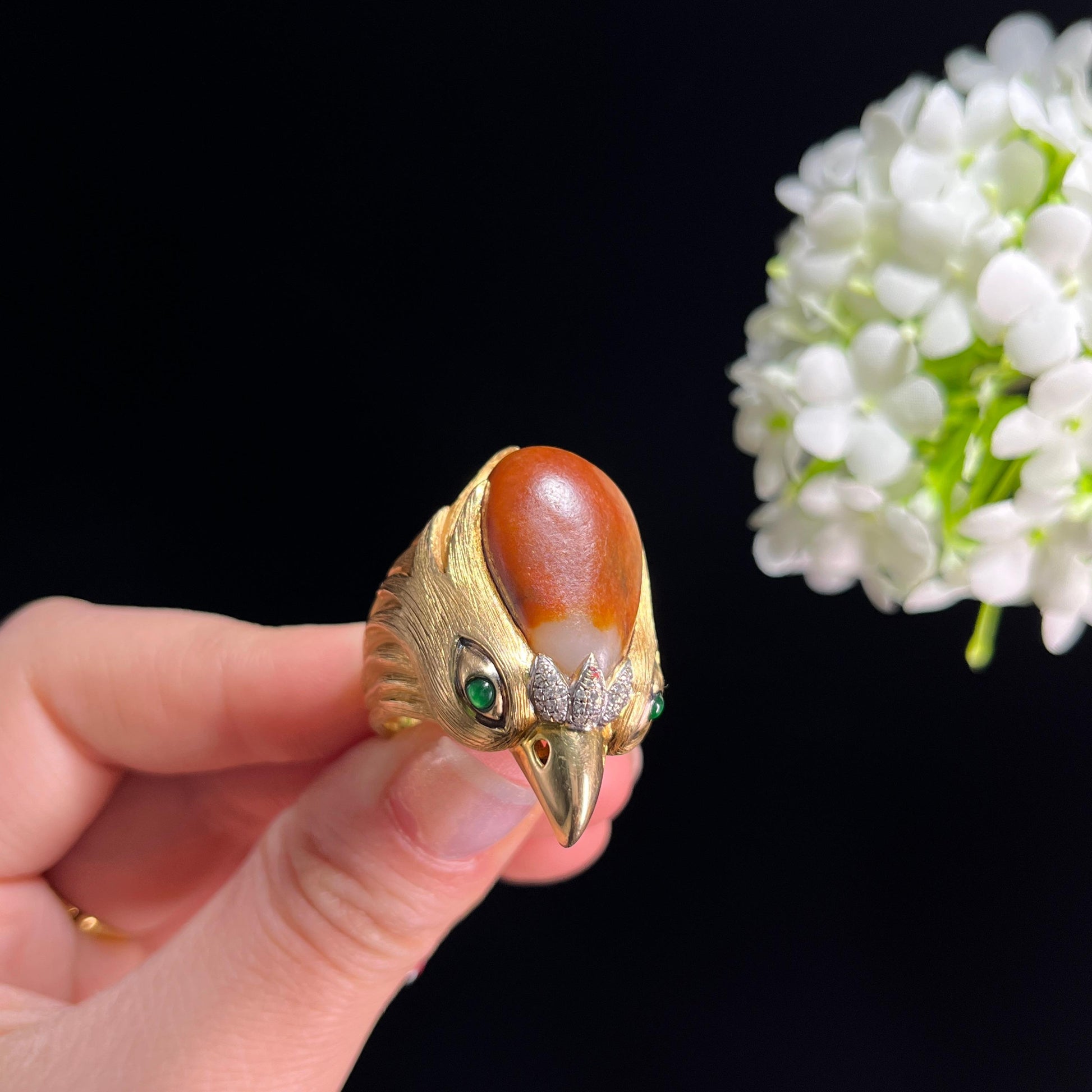 和田玉红沁“赤冠金翎”18K金镶籽料戒指（yc331332）