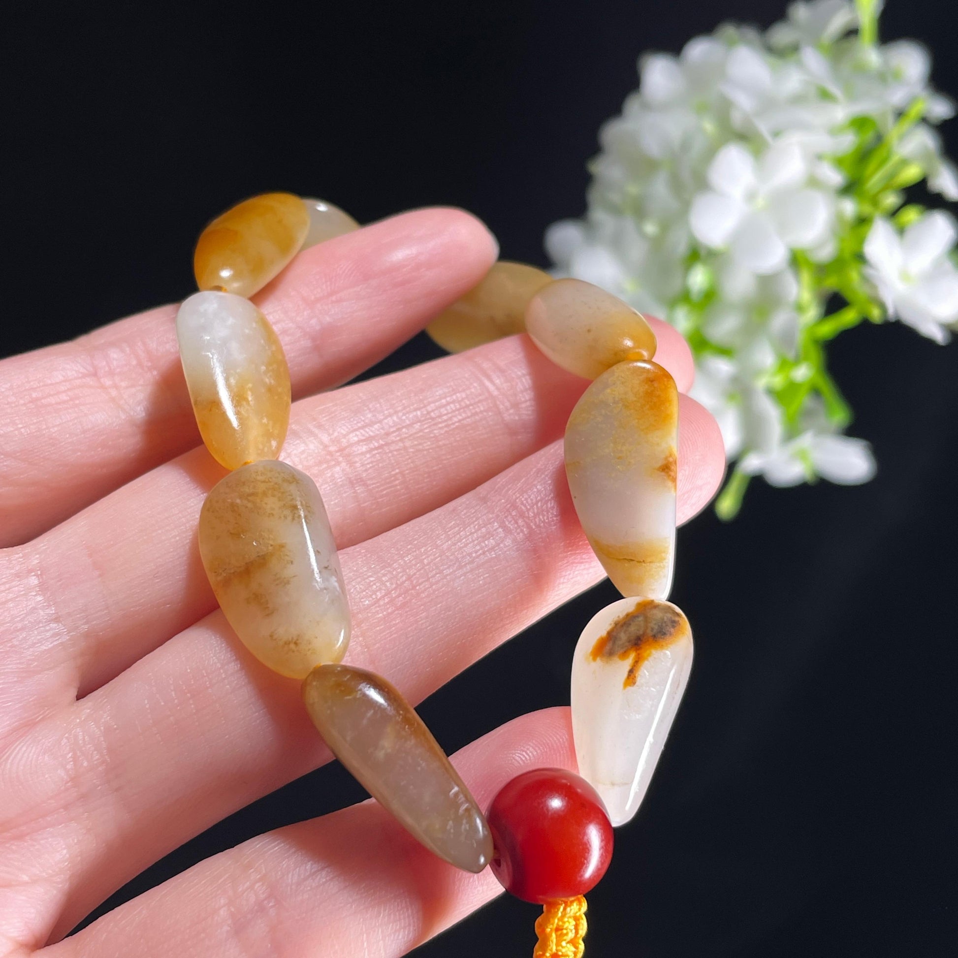 新疆和田玉白玉青白玉红皮原籽手串（10颗）（yc396002）