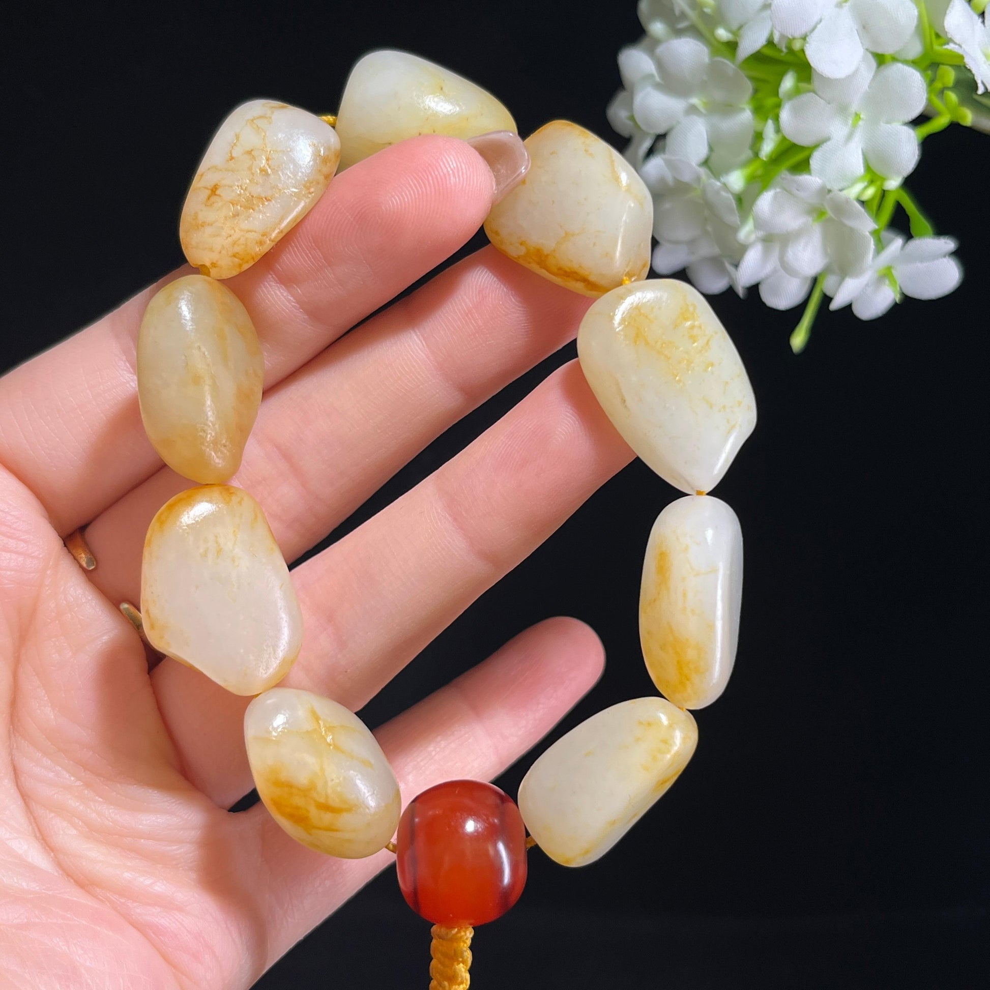 和田玉白玉洒金皮红皮原籽手串（yc381702）