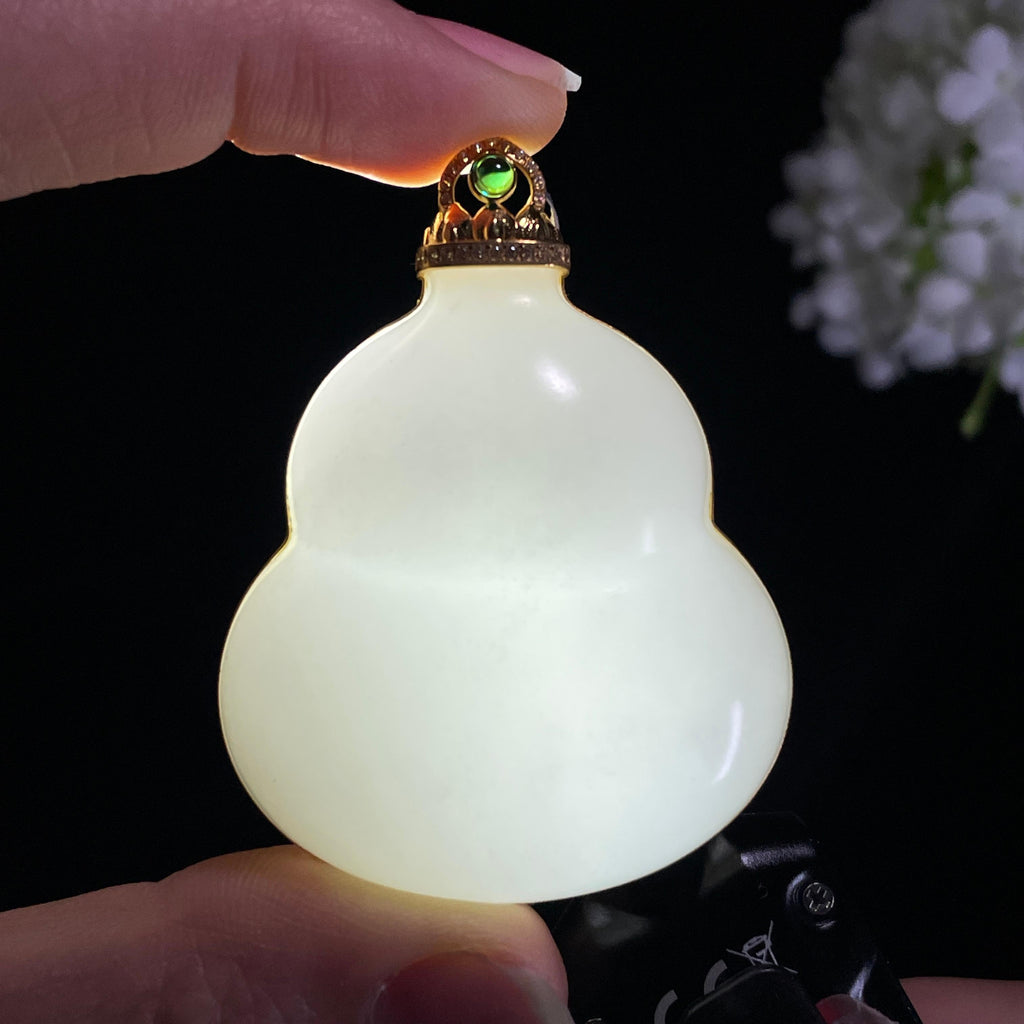 和田玉18K金镶白玉葫芦吊坠（yc415676）