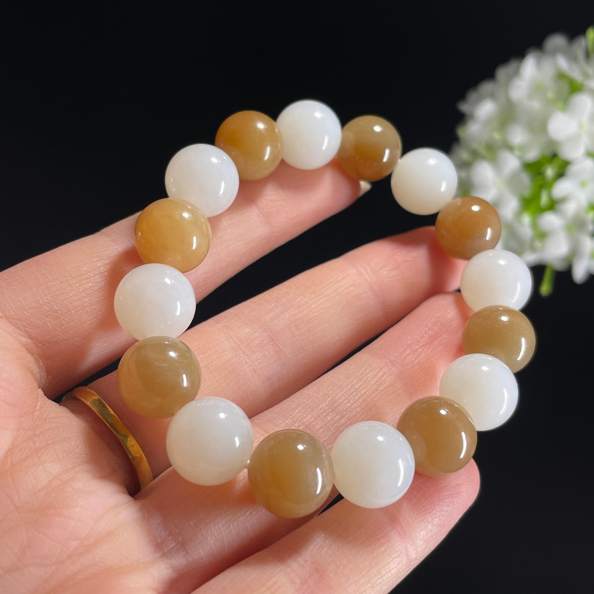 和田玉糖白玉“白雪初晴”圆珠手串（yc332146）