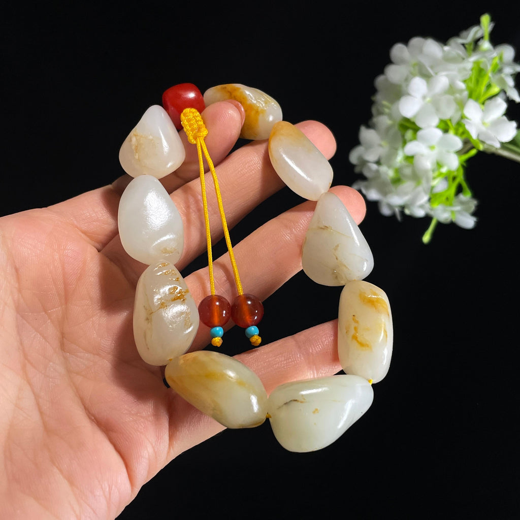 和田玉白玉洒金皮原籽手串（yc410676）