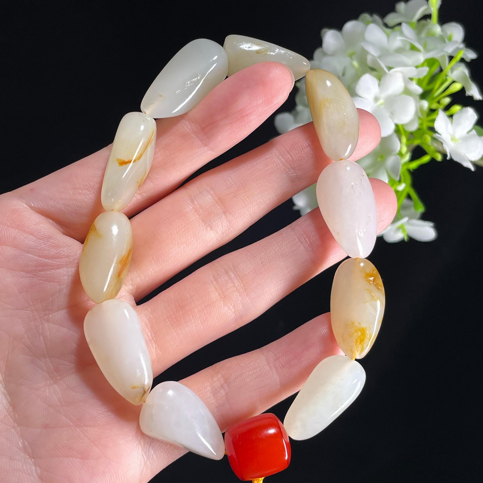 新疆天然和田玉白玉洒金皮红皮原籽手串（10颗）（yc396010）