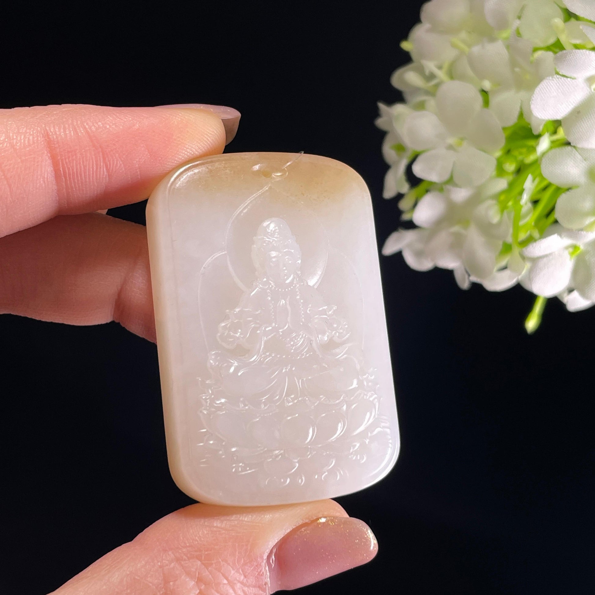 和田玉糖白玉“莲台观心”观音雕刻挂件（yc342020）