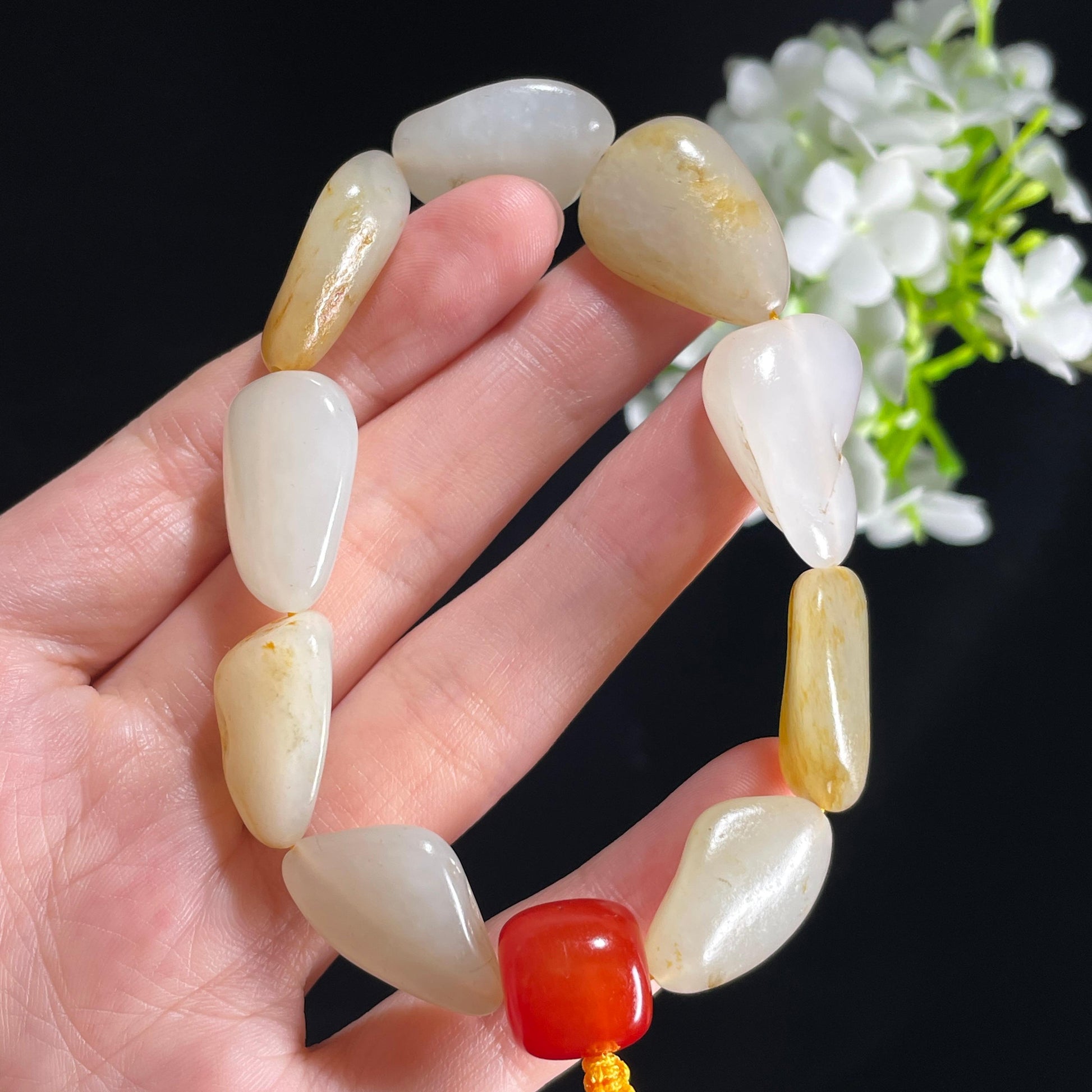 新疆天然和田玉白玉青白玉洒金皮原籽手串（9颗）（yc396034）