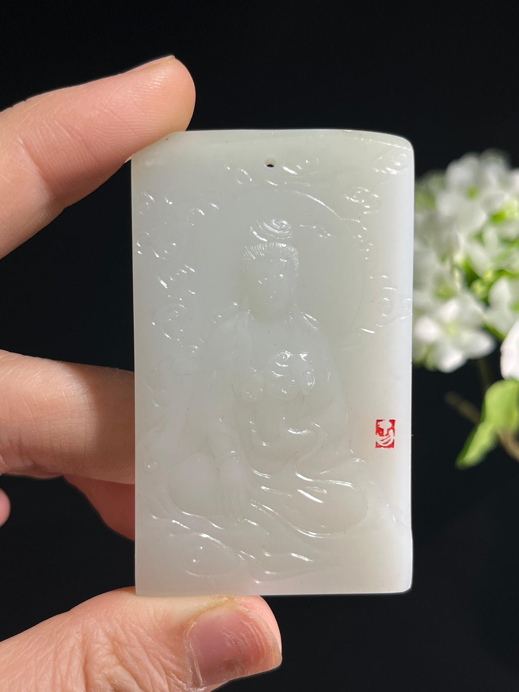 和田玉羊脂白玉籽料“云祥护佑”观音无事牌（yc251977）
