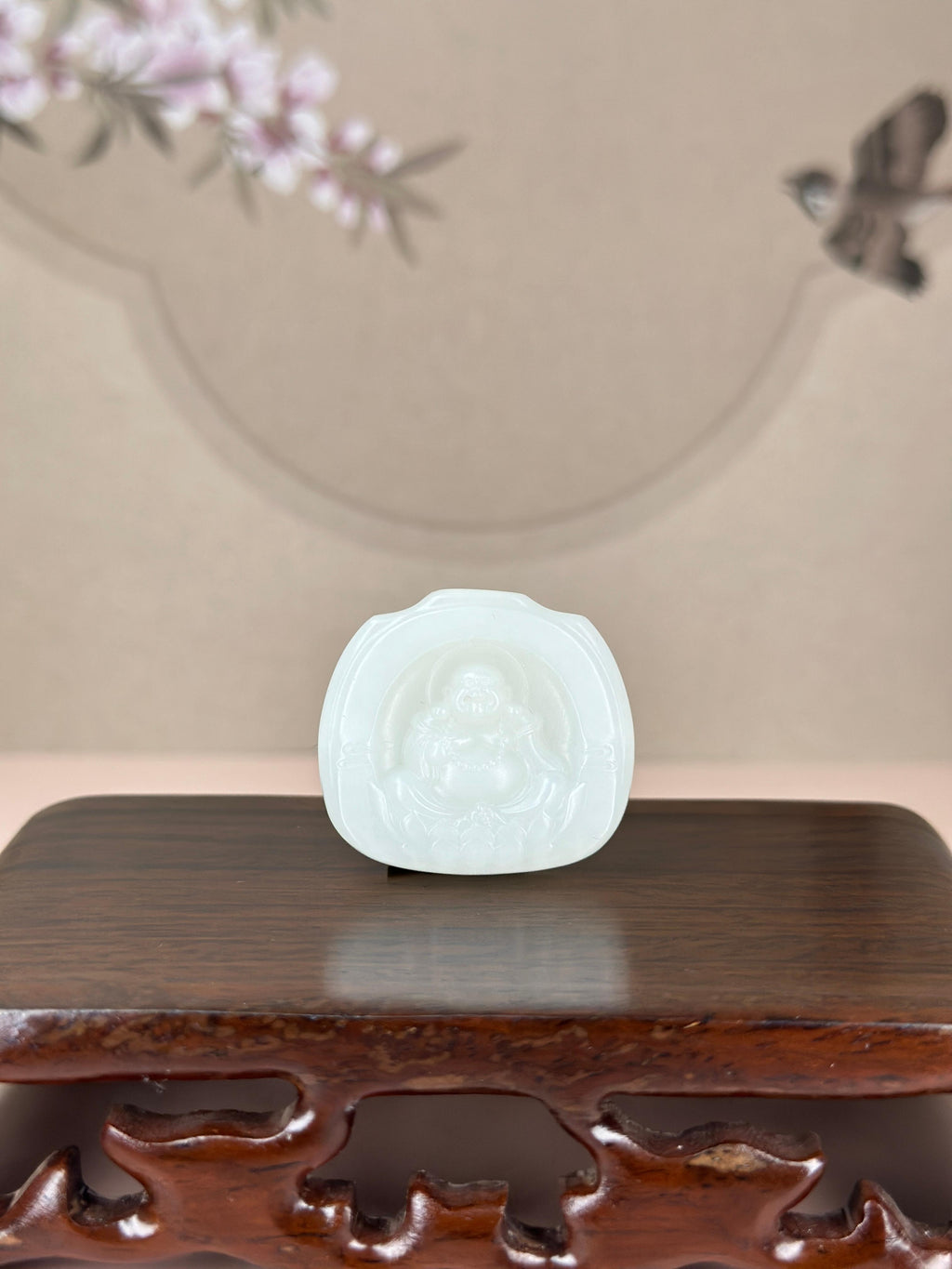 和田玉白玉弥勒莲花双面玉牌挂件（yc775455）