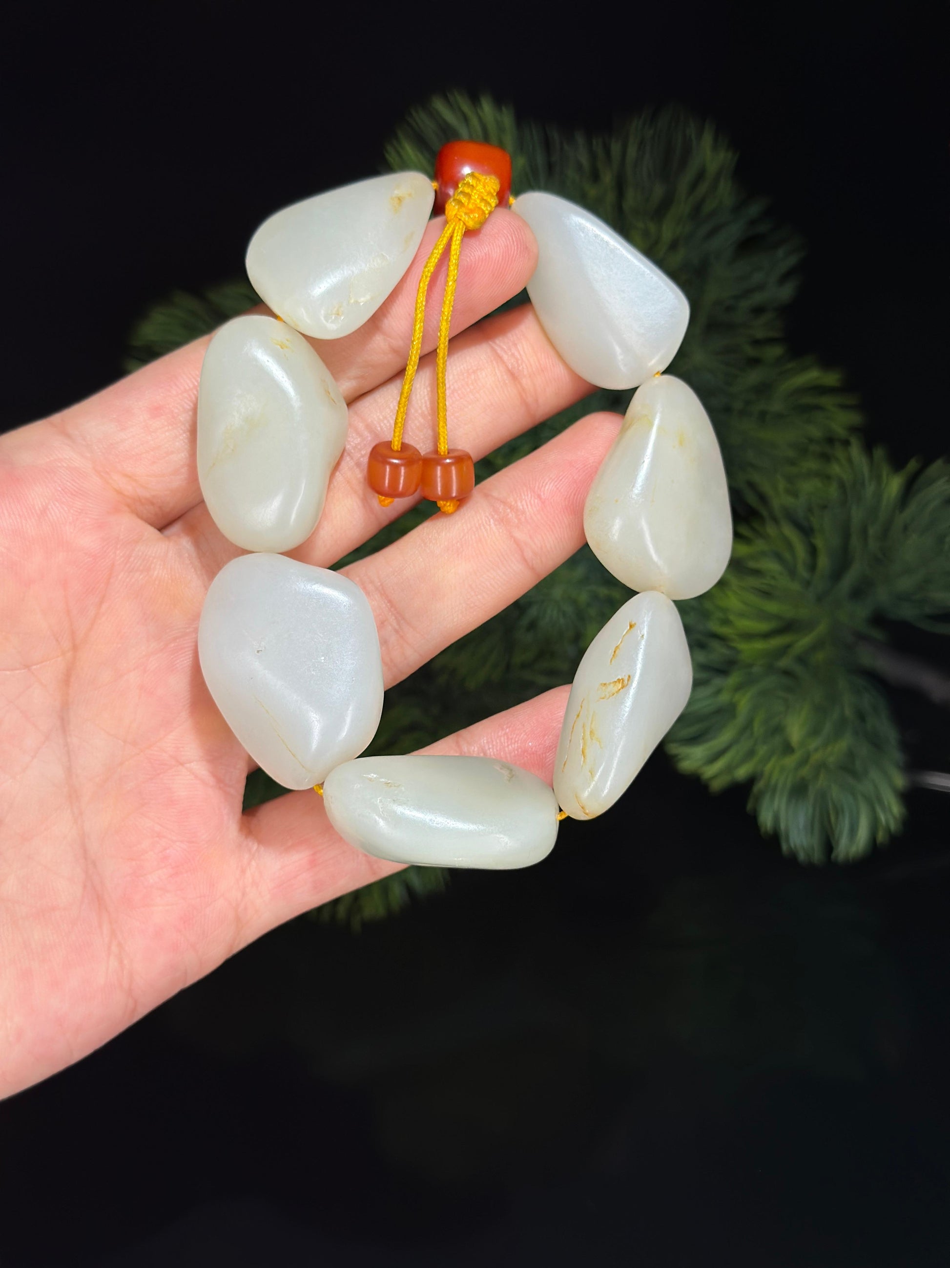 新疆和田玉白玉洒金皮精品原籽手串（7颗）（yc507362）