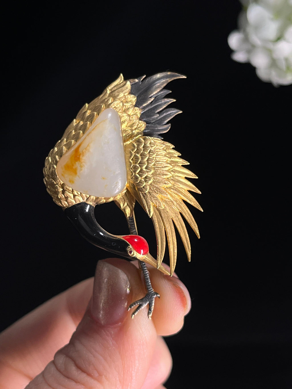 新疆天然和田玉籽料白玉18k金镶仙鹤胸针2（yc268286）