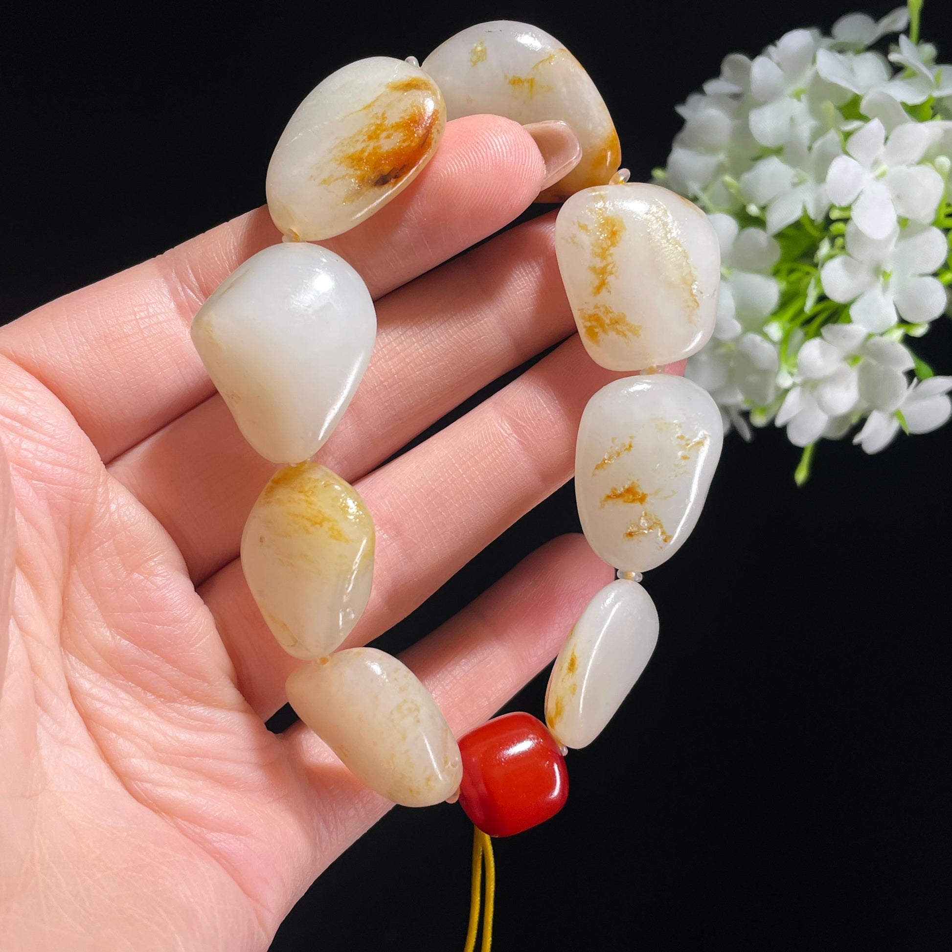 和田玉白玉洒金皮红皮原籽手串（yc381872）