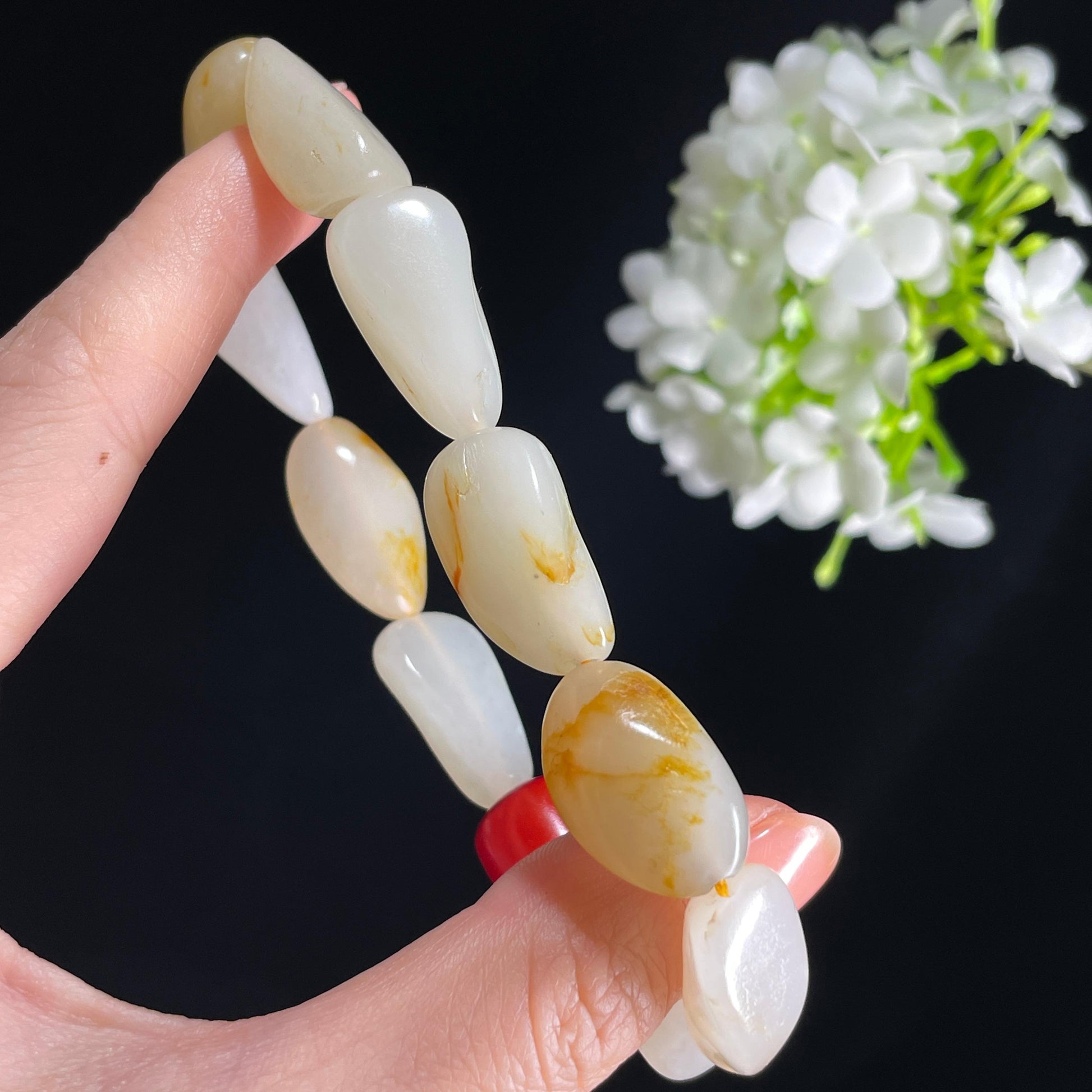 新疆天然和田玉白玉洒金皮红皮原籽手串（10颗）（yc396010）