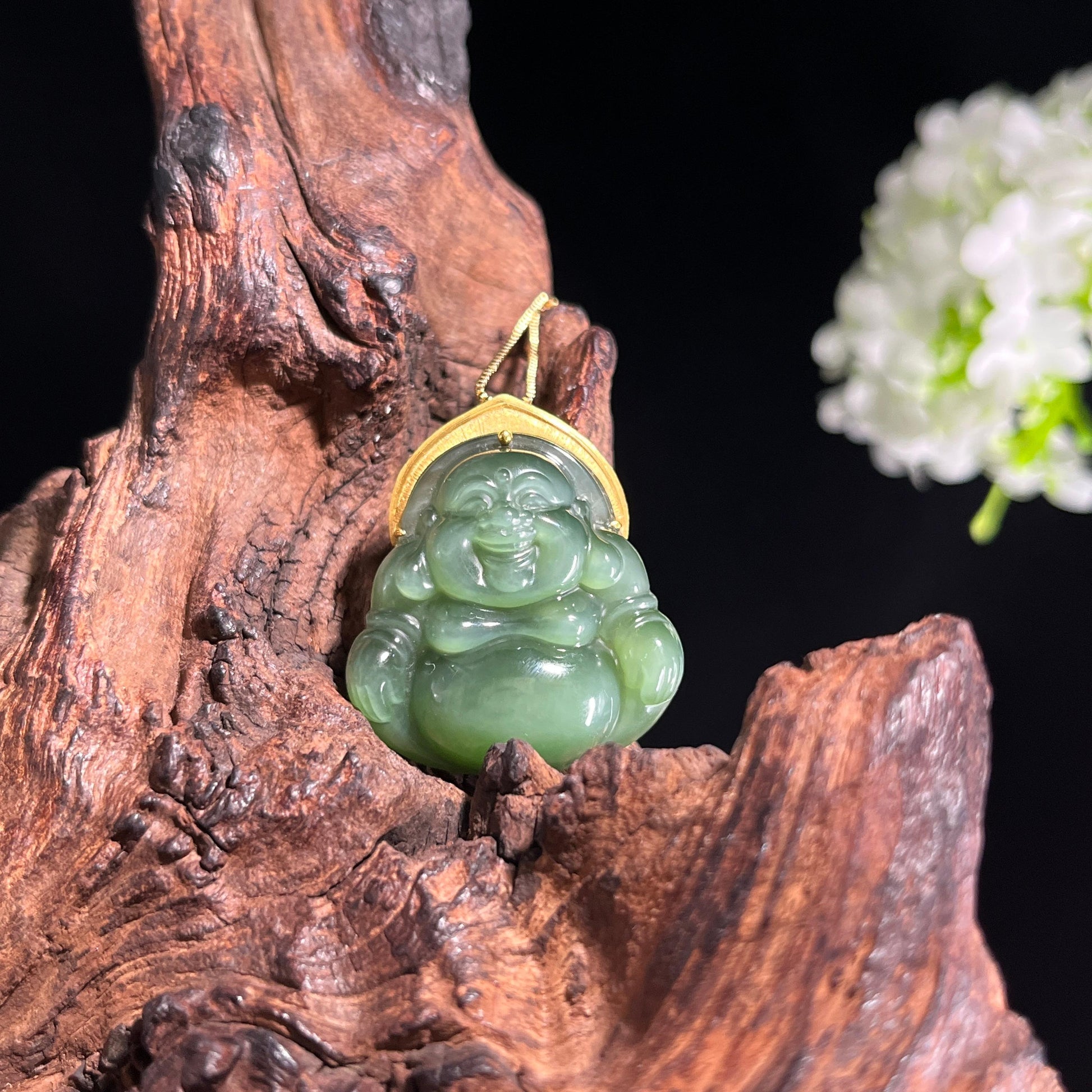 和田玉碧玉18K金扣碧玉“笑澜禅心”弥勒挂件（yc416370）