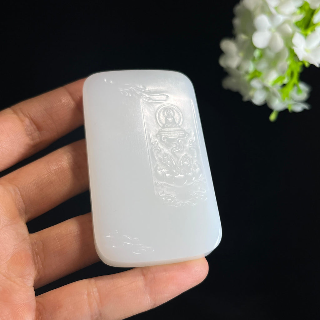 和田玉羊脂白玉“莲台行愿”普贤雕刻挂件（yc349412）